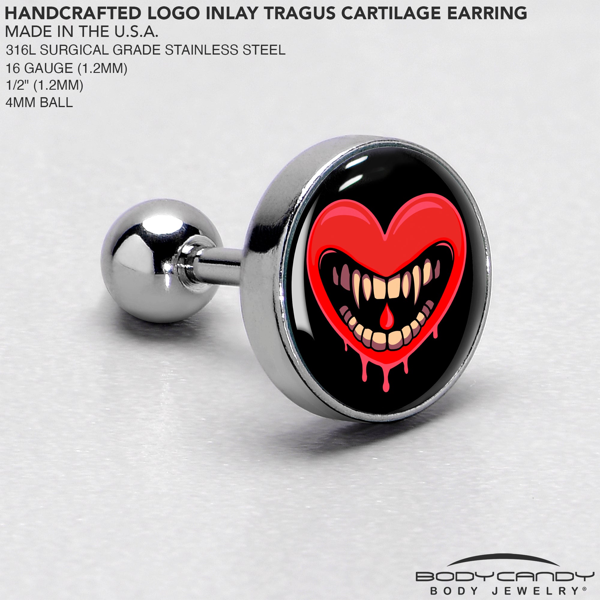 BodyCandy 16G Valentine Heart Vampire Tragus Cartilage Earring — side view