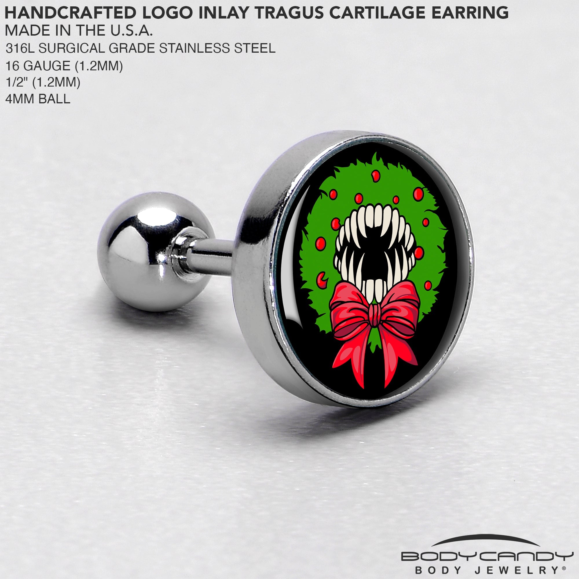 BodyCandy 16G 1/4 Holiday Vampire Wreath Tragus Cartilage Earring by Onyx O — side view