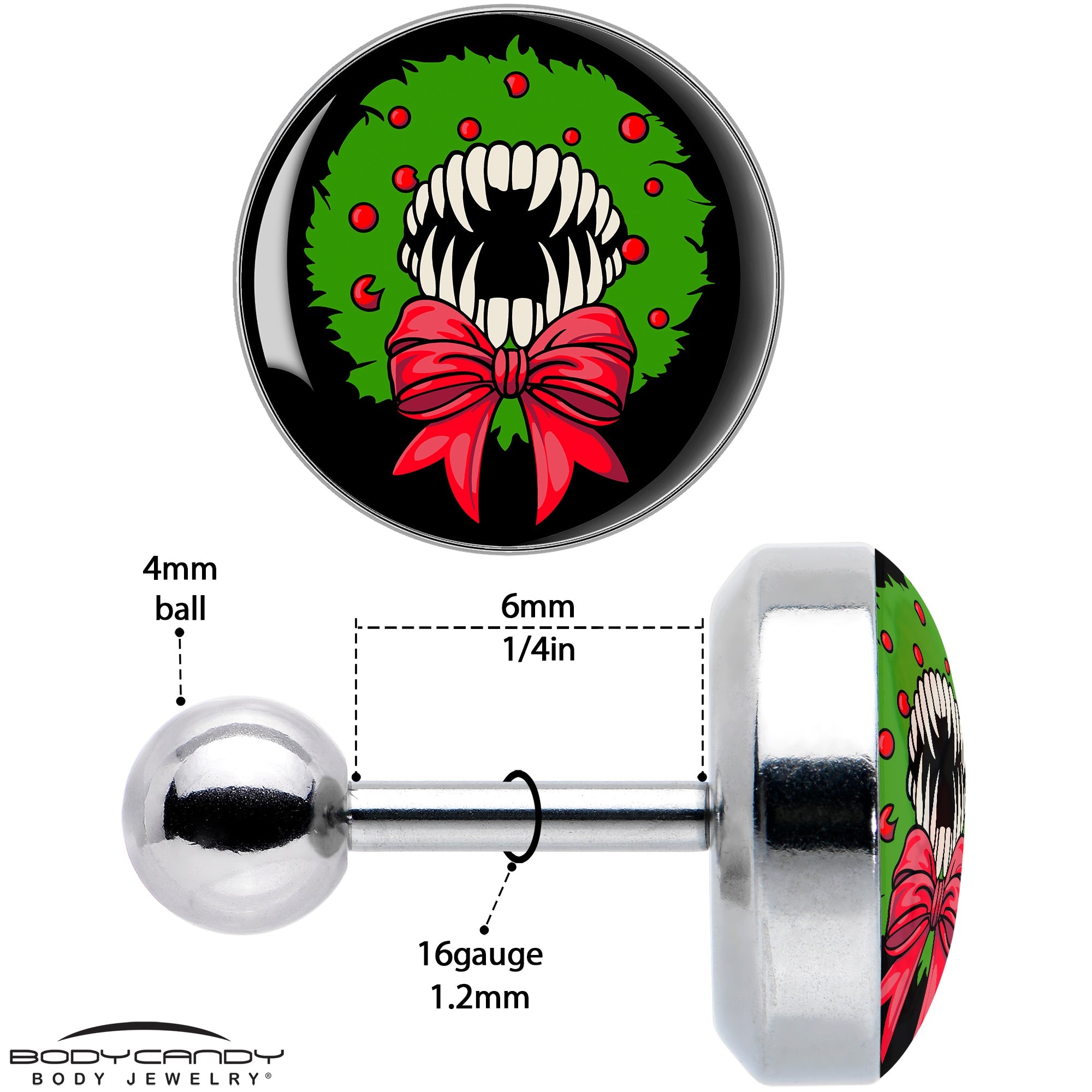 BodyCandy 16G 1/4 Holiday Vampire Wreath Tragus Cartilage Earring by Onyx O — in-use photo