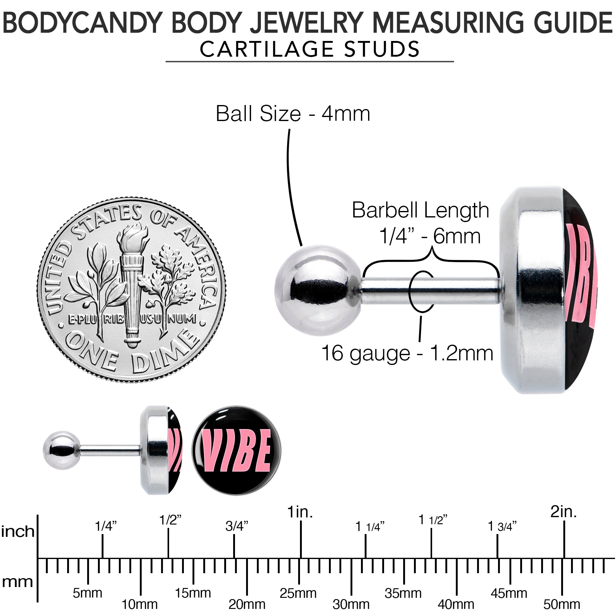 BodyCandy 16G 1/4 Vibe Cartilage Tragus Earring by Onyx O — size reference