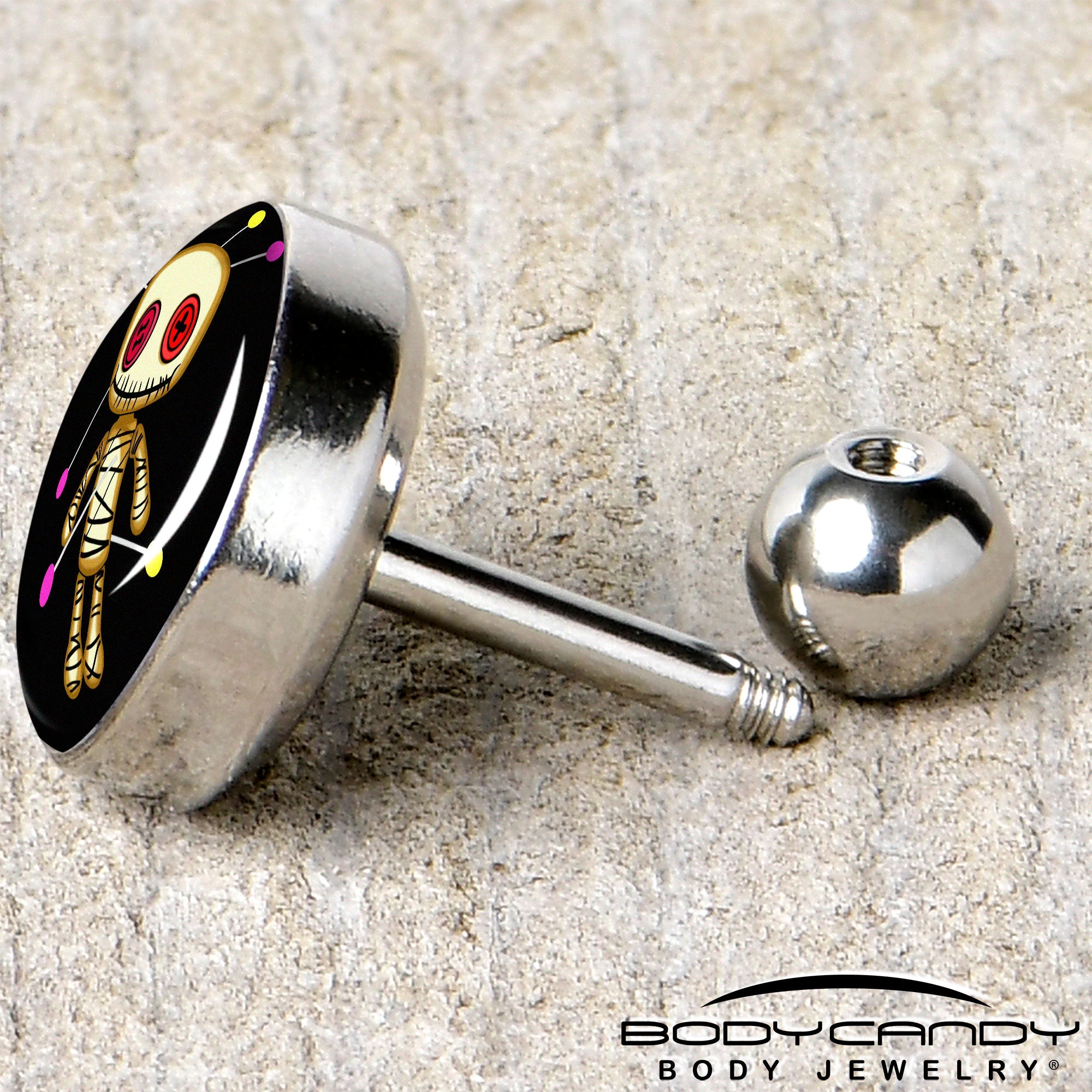 BodyCandy 16G 1/4 Voodoo Doll Tragus Cartilage Earring by Onyx O — back view