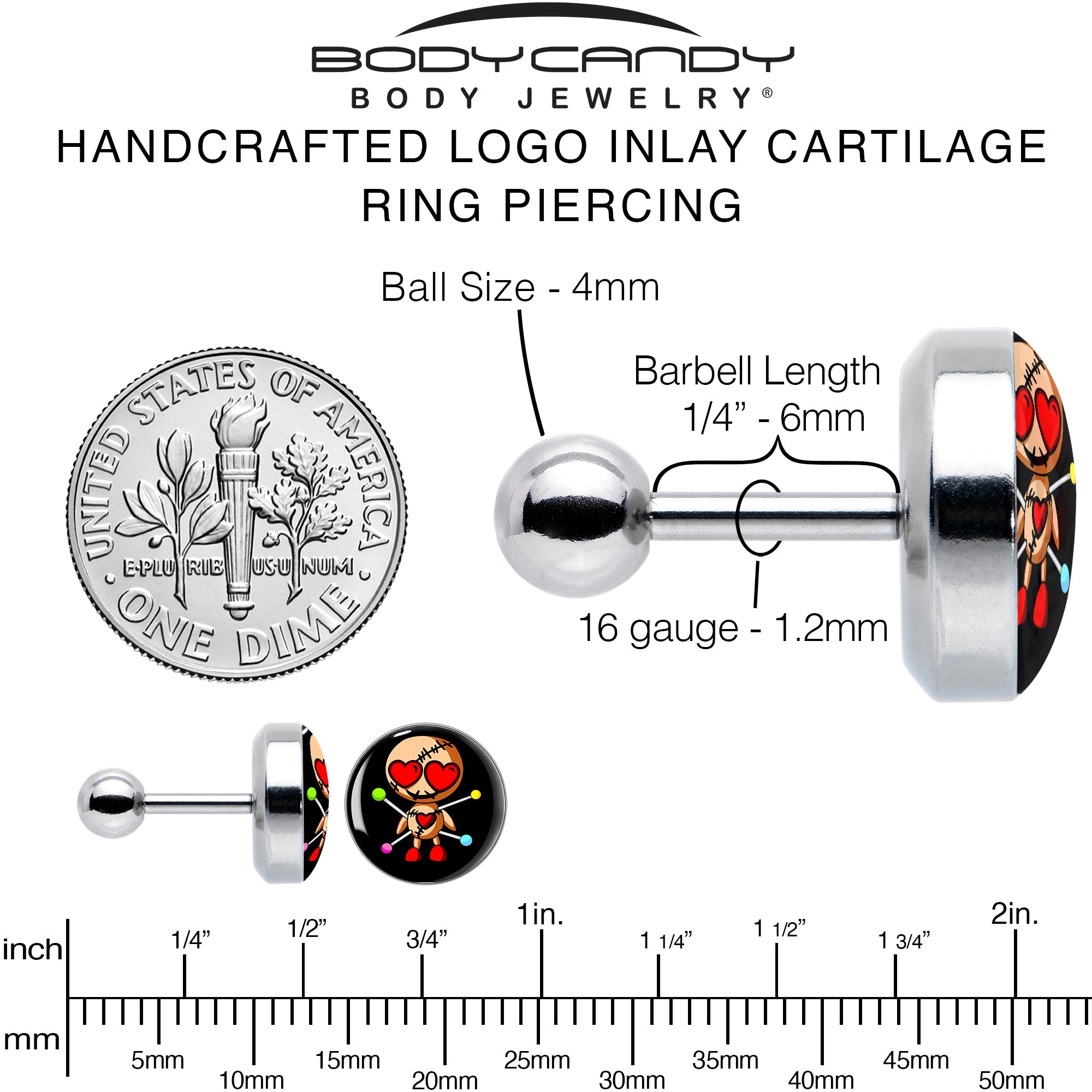 BodyCandy 16G Valentine Heart Voodoo Doll Tragus Cartilage Earring — alternative angle
