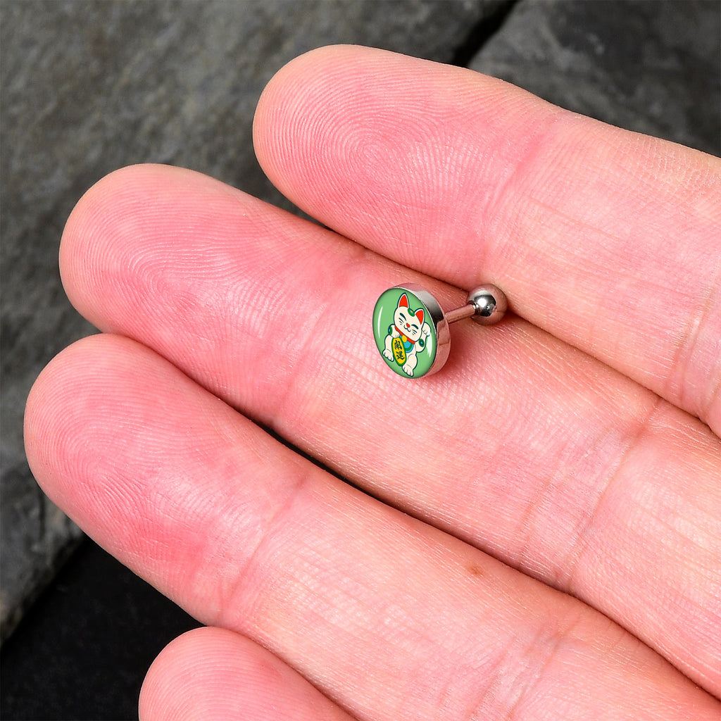 BodyCandy 16G 1/4 Waving Cat Cartilage Tragus Earring by Onyx O — detail close-up