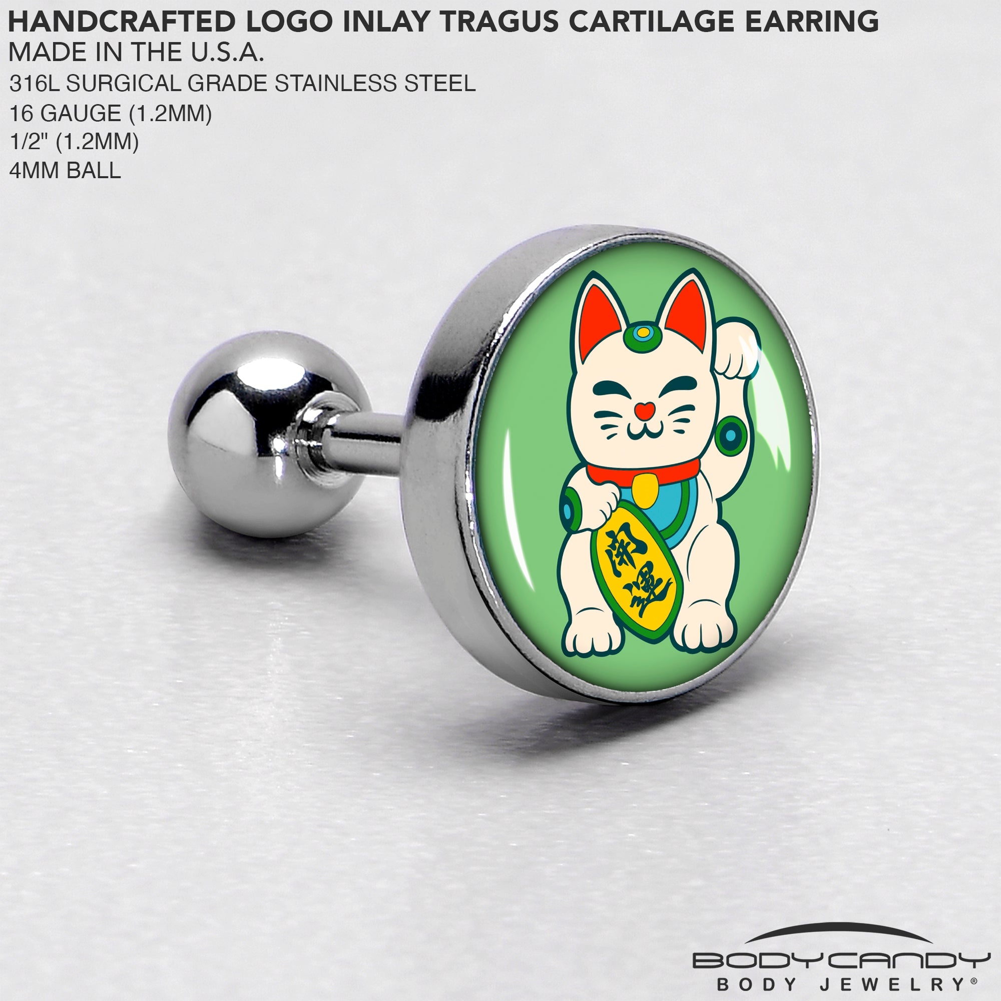 BodyCandy 16G 1/4 Waving Cat Cartilage Tragus Earring by Onyx O — side view