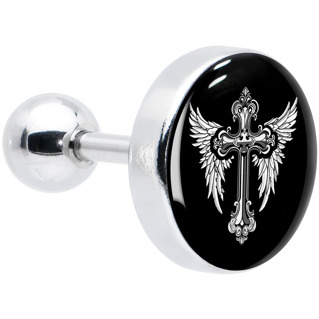 BodyCandy 16G 1/4 Black White Winged Cross Tragus Cartilage Earring by Onyx O — main product shot