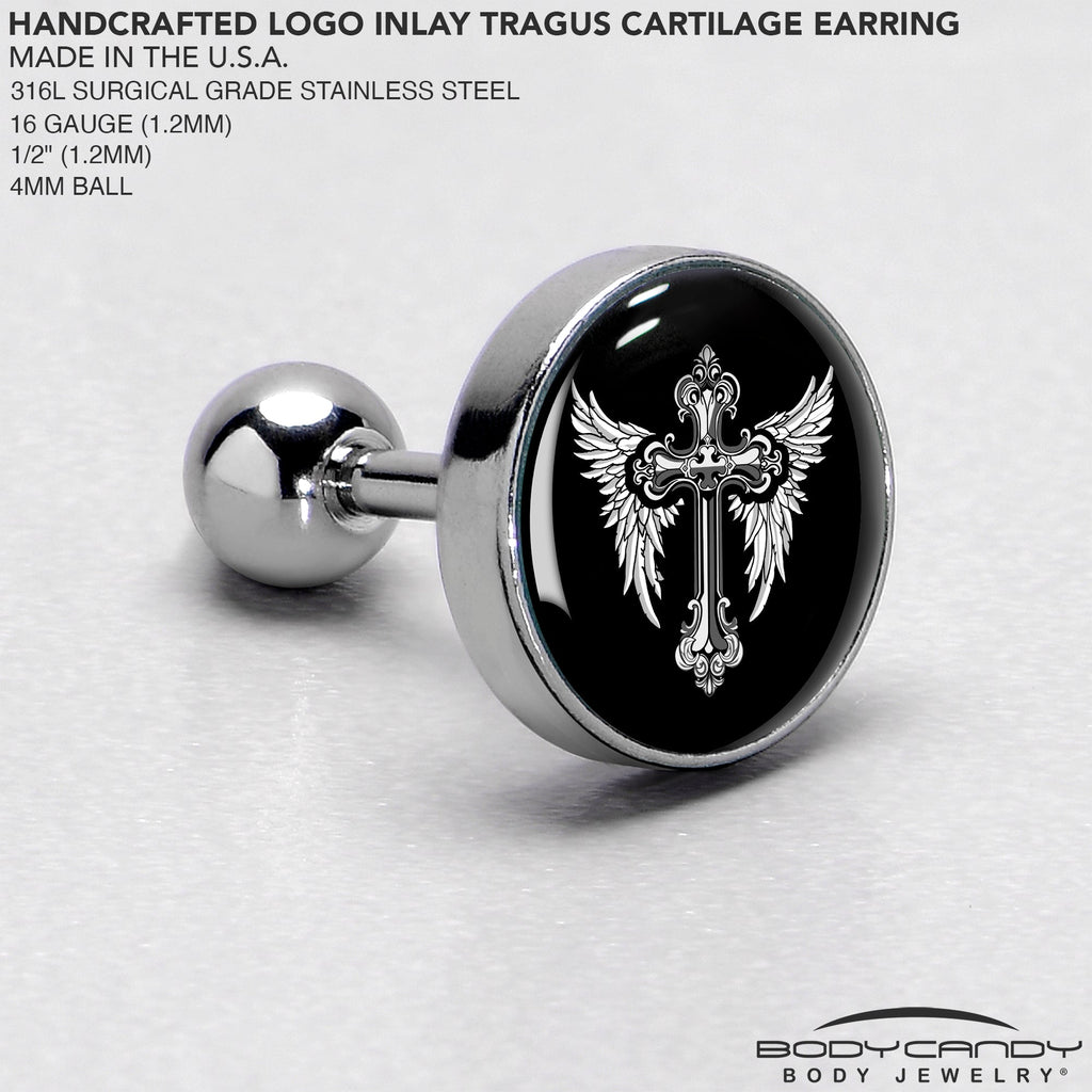 BodyCandy 16G 1/4 Black White Winged Cross Tragus Cartilage Earring by Onyx O — side view