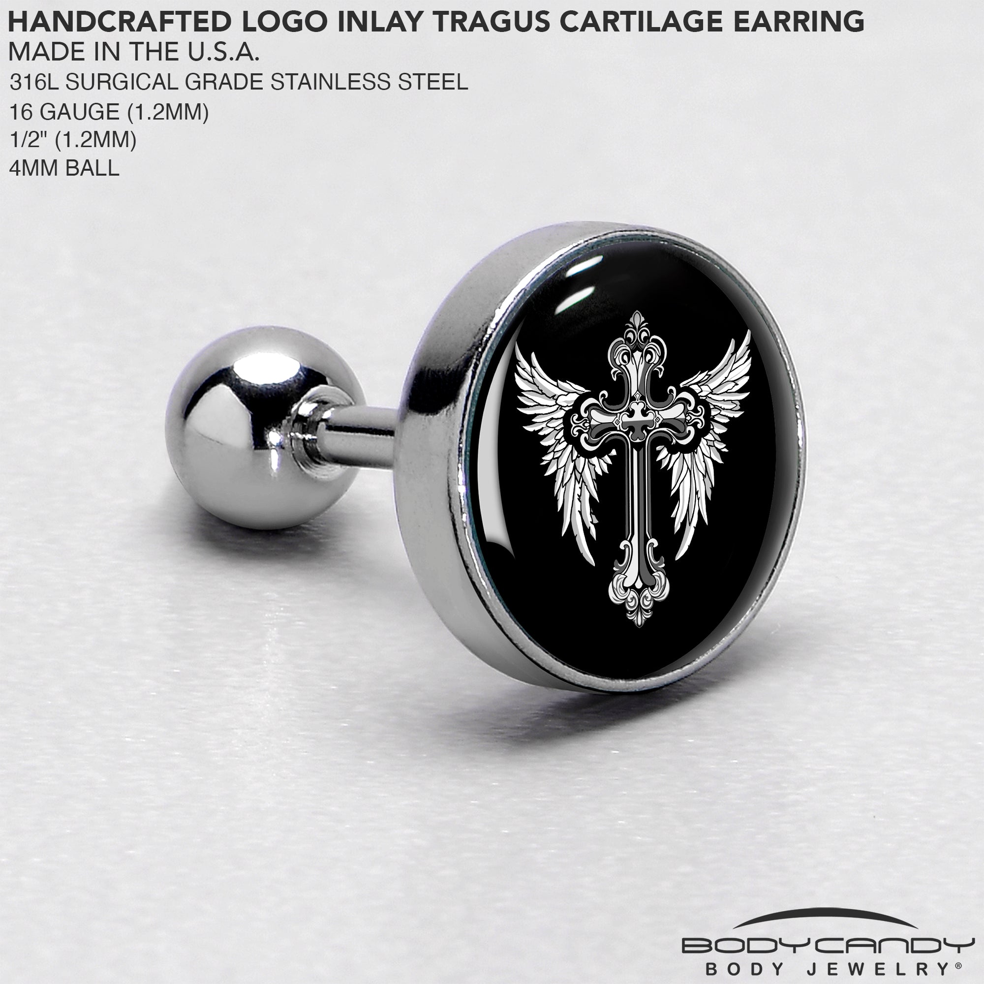 BodyCandy 16G 1/4 Black White Winged Cross Tragus Cartilage Earring by Onyx O — side view