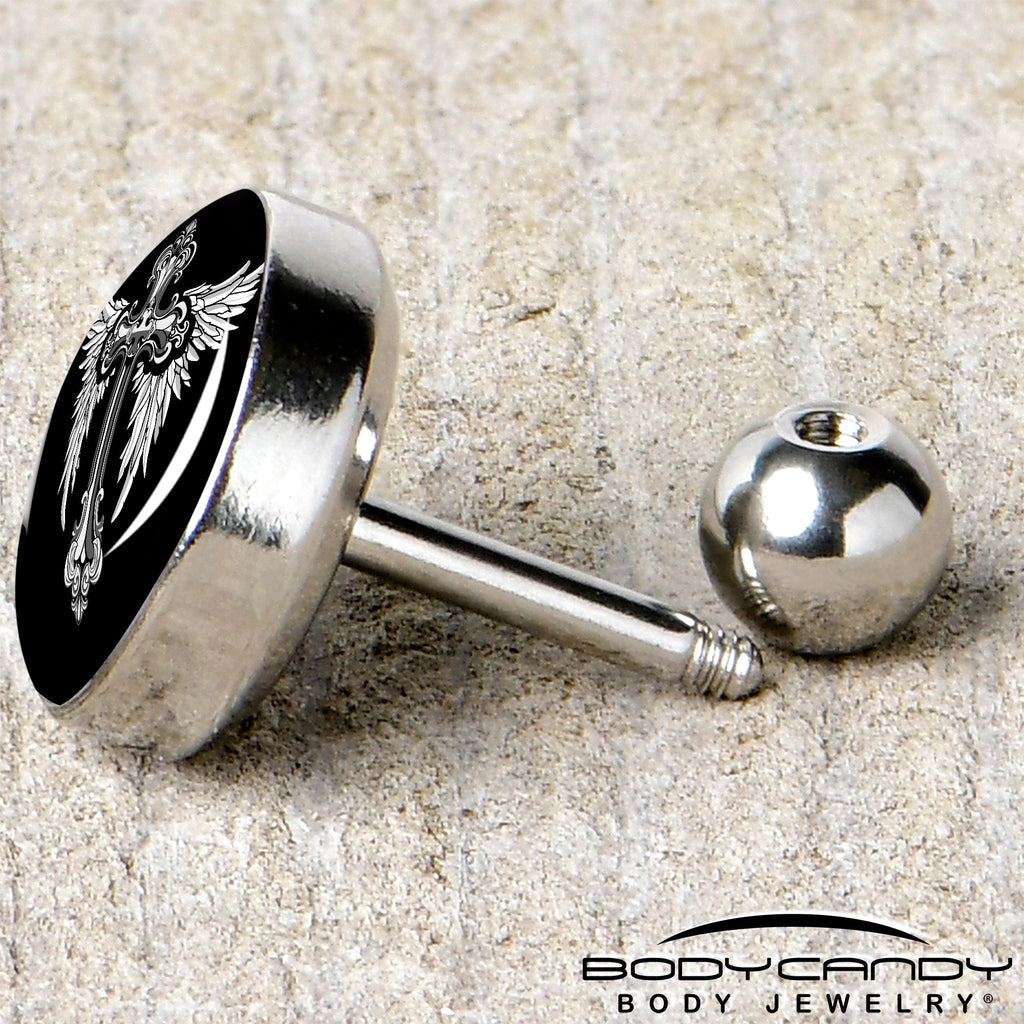 BodyCandy 16G 1/4 Black White Winged Cross Tragus Cartilage Earring by Onyx O — back view