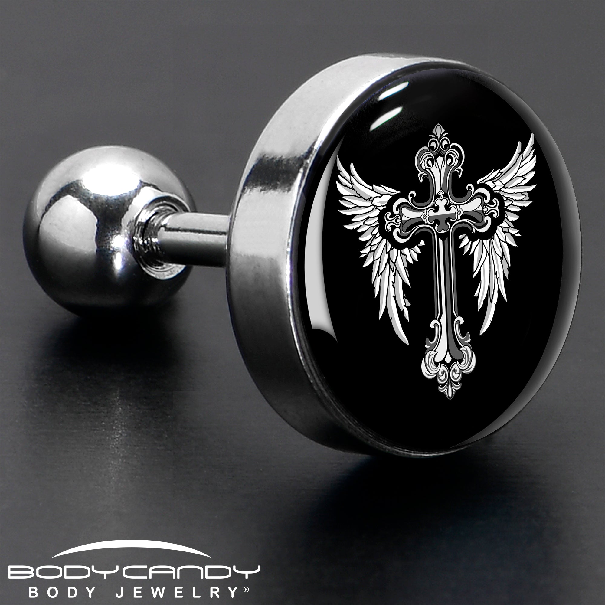 BodyCandy 16G 1/4 Black White Winged Cross Tragus Cartilage Earring by Onyx O — in-use photo