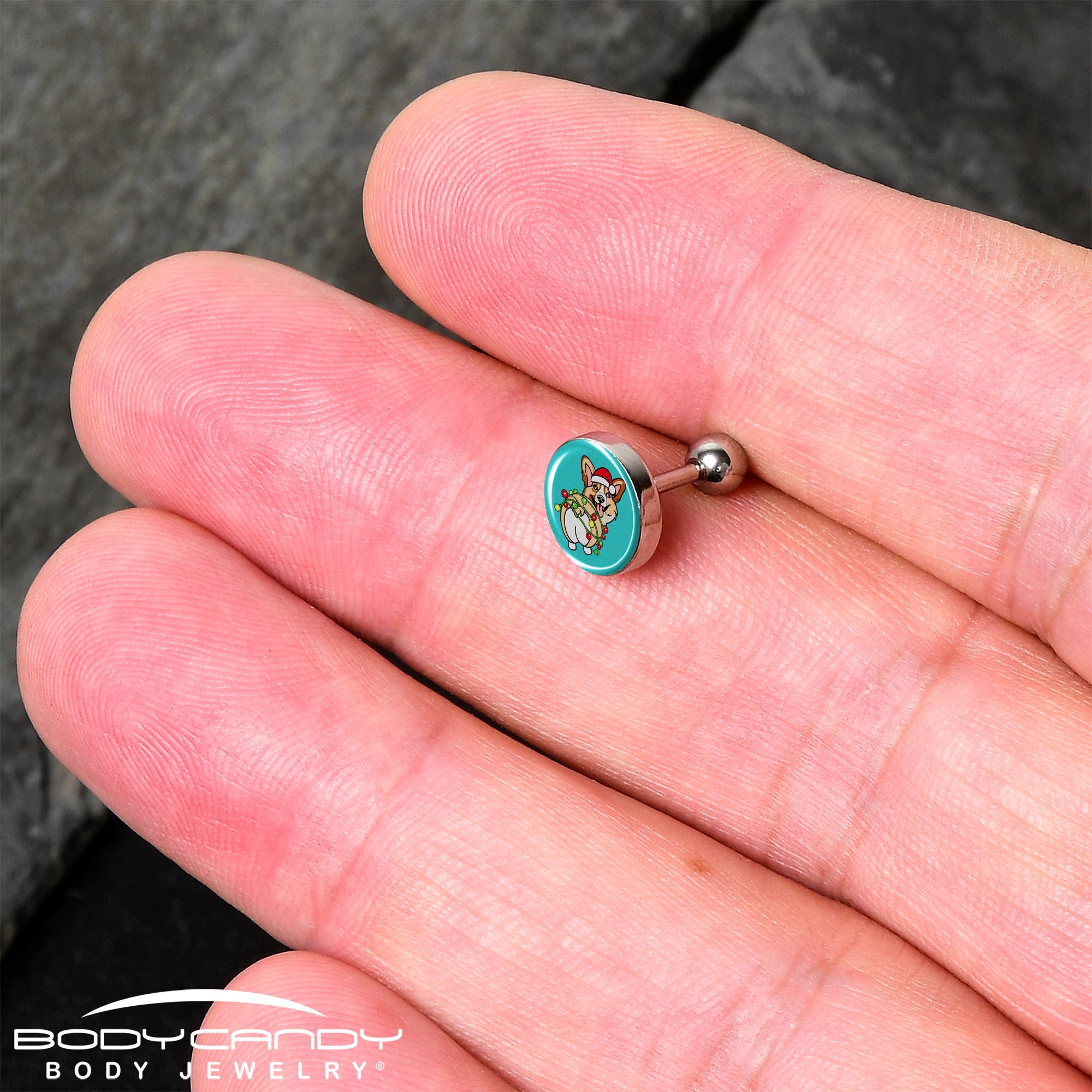 BodyCandy Christmas Holiday Lights Corgi Dog Tragus Cartilage Earring by Onyx O — detail close-up