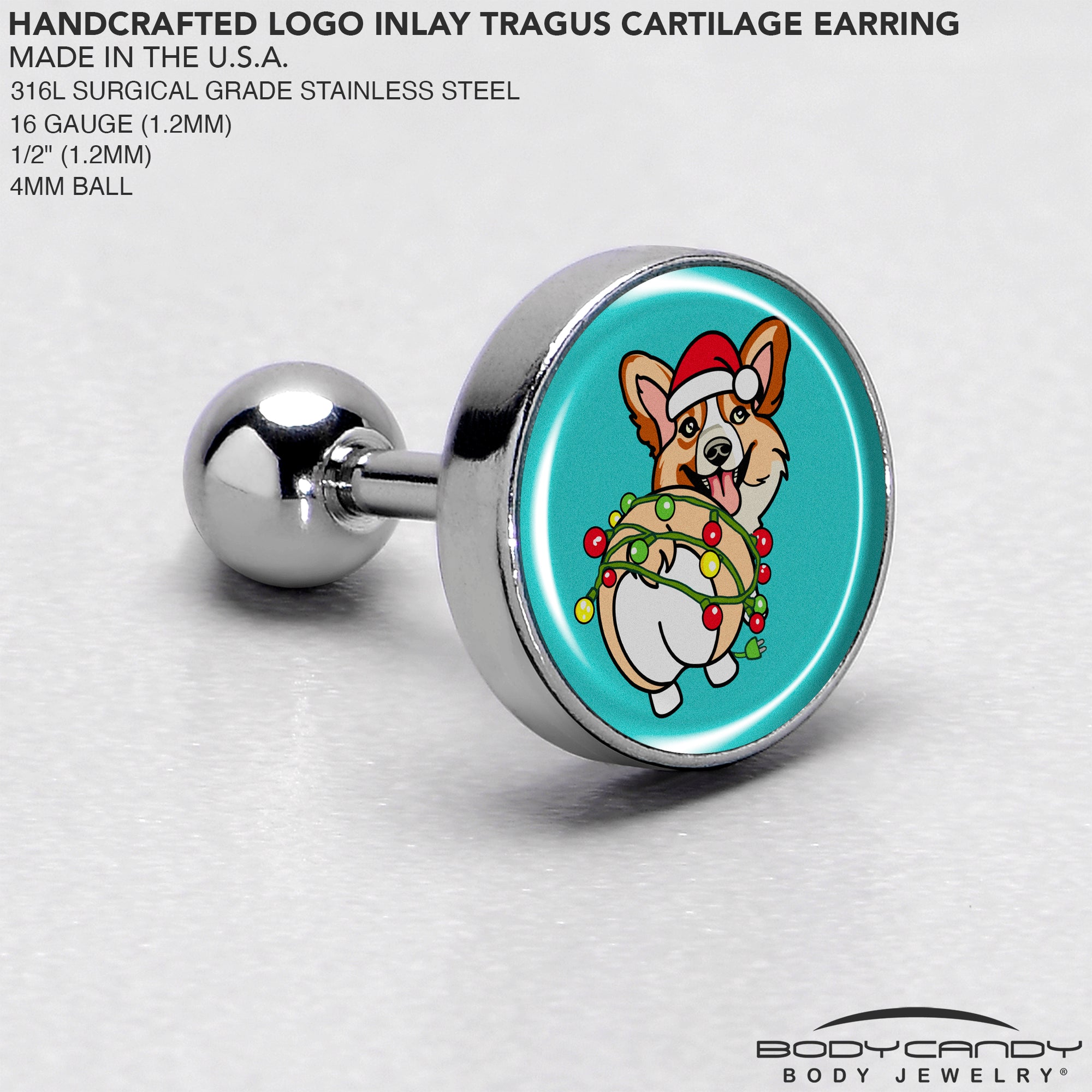 BodyCandy Christmas Holiday Lights Corgi Dog Tragus Cartilage Earring by Onyx O — side view