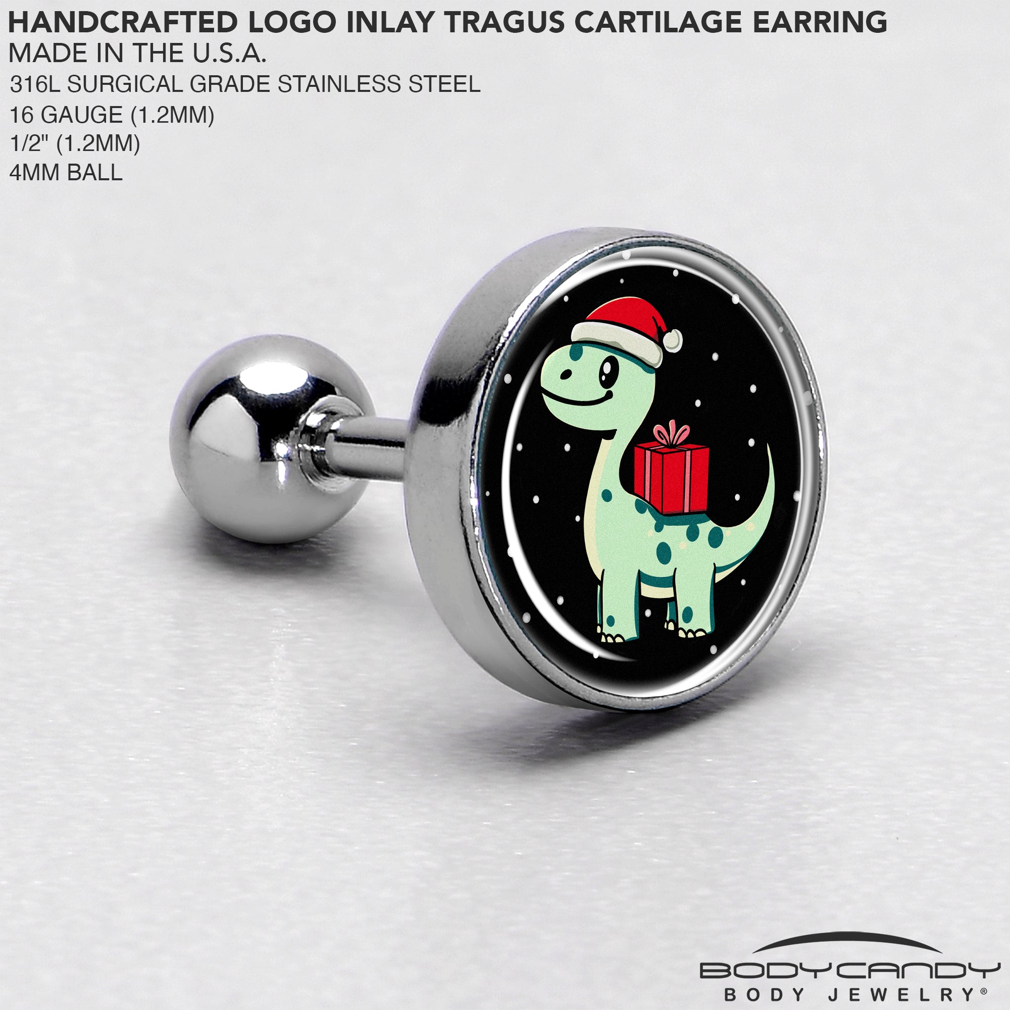 BodyCandy Christmas Holiday Dinosaur Tragus Cartilage Earring by Onyx O — side view