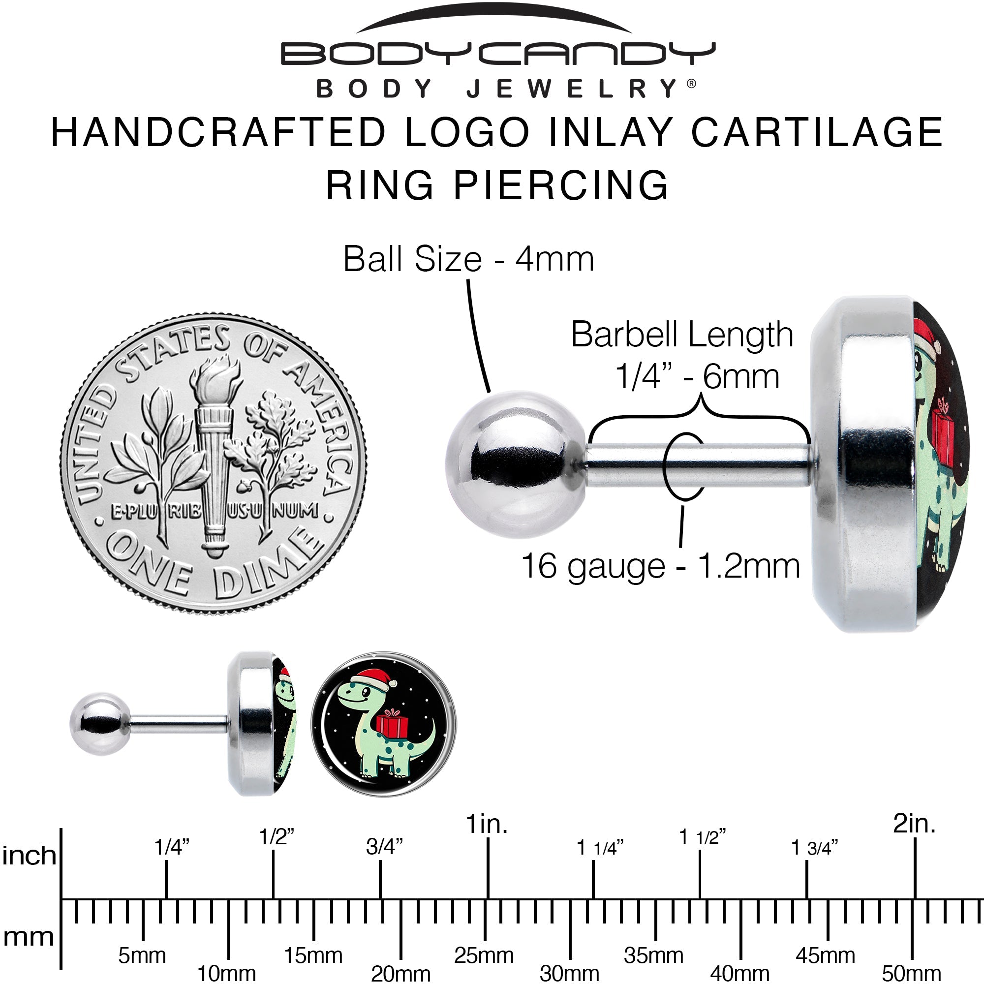 BodyCandy Christmas Holiday Dinosaur Tragus Cartilage Earring by Onyx O — alternative angle