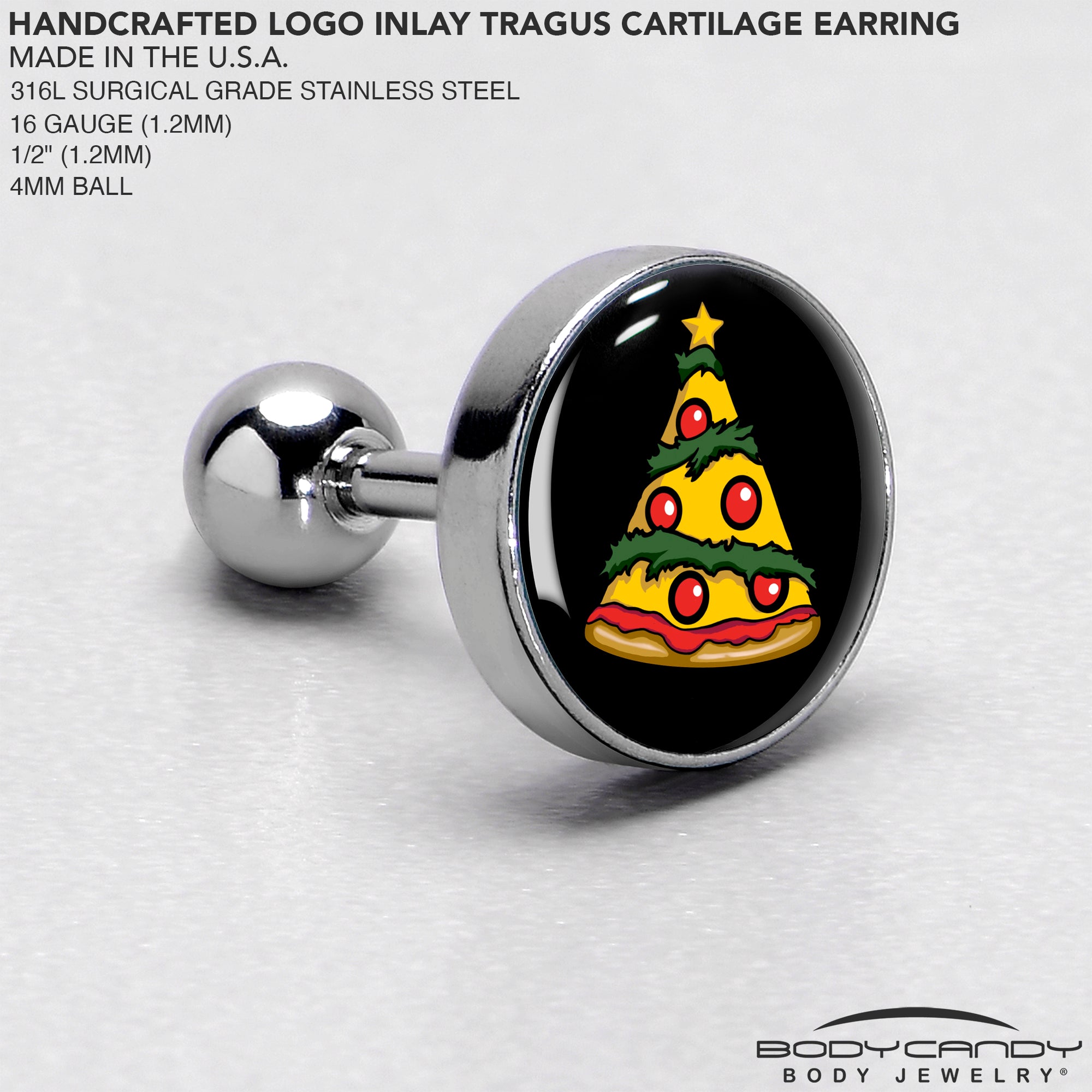 BodyCandy Christmas Holiday Pizza Tree Tragus Cartilage Earring by Onyx O — side view