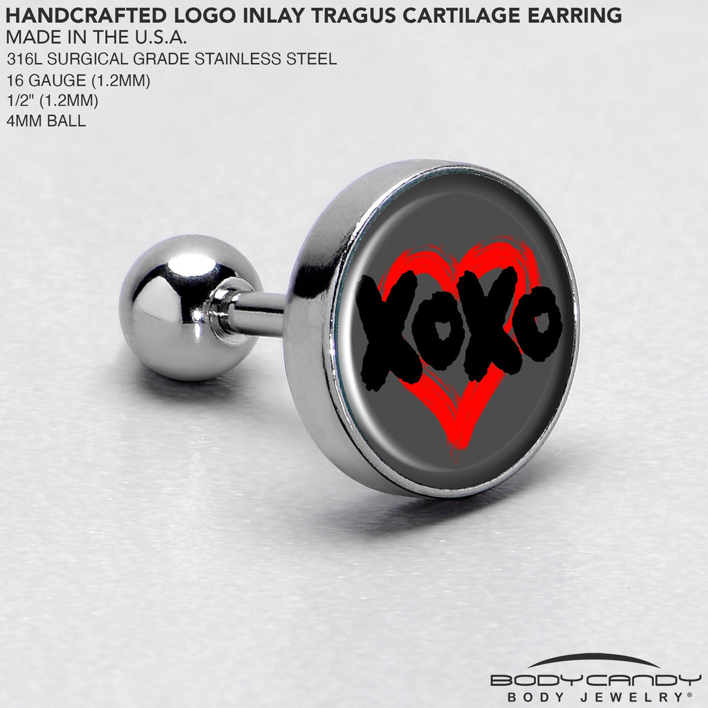 BodyCandy 16G 1/4 XOXO Heart Tragus Cartilage Earring by Onyx O — side view