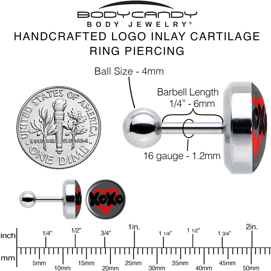 BodyCandy 16G 1/4 XOXO Heart Tragus Cartilage Earring by Onyx O — alternative angle