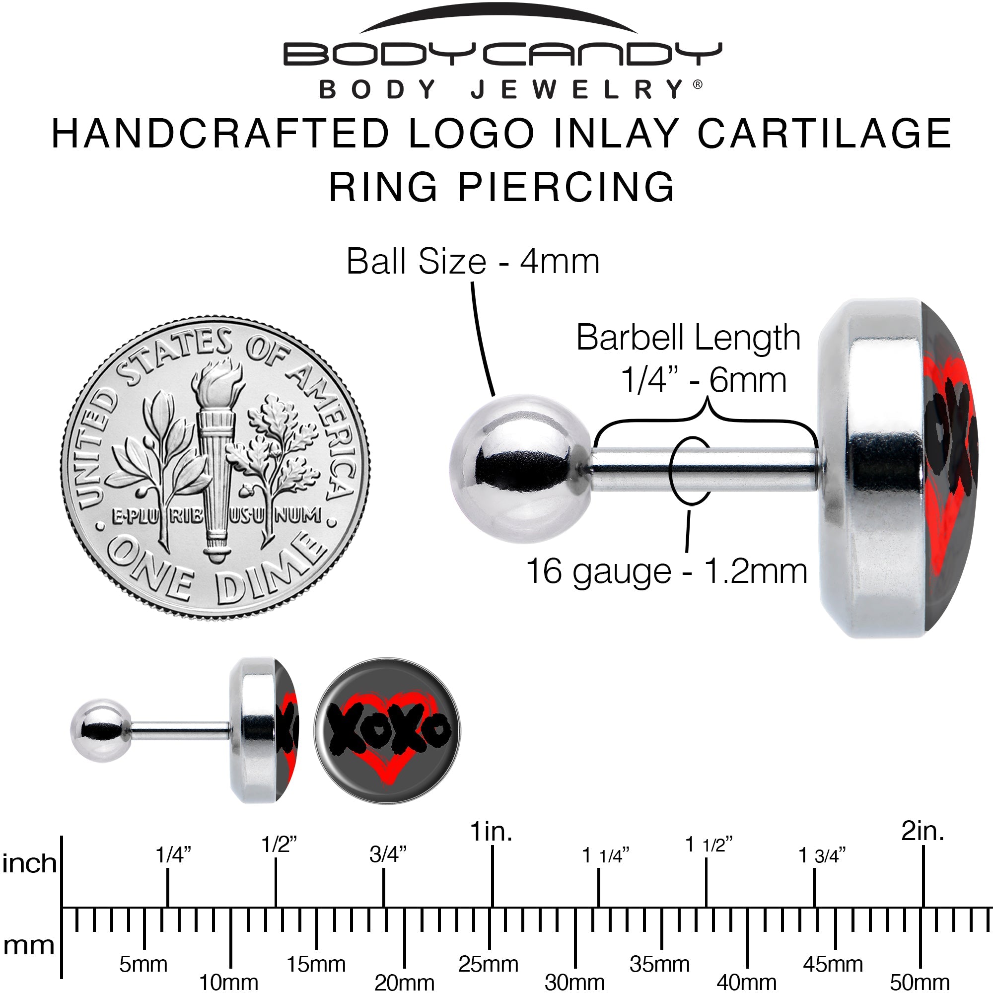 BodyCandy 16G 1/4 XOXO Heart Tragus Cartilage Earring by Onyx O — alternative angle