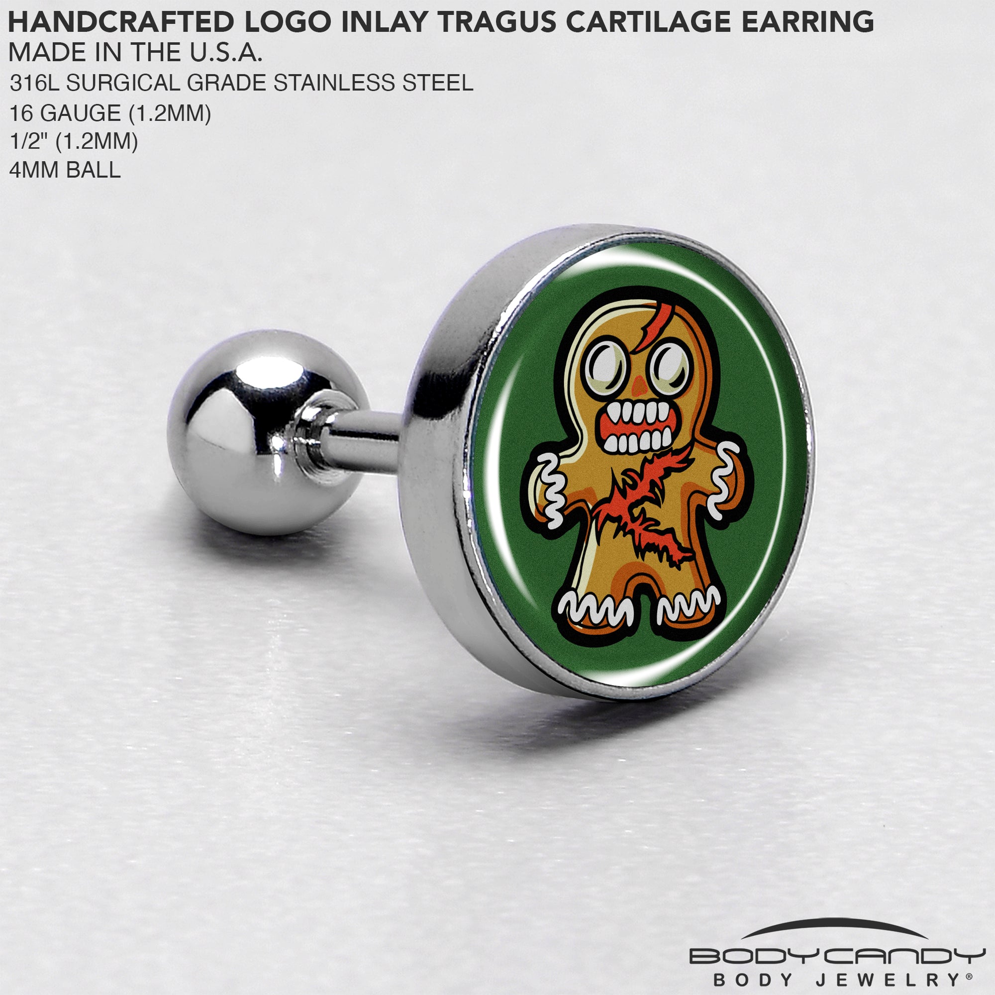 BodyCandy Christmas Holiday Zombie Gingergread Man Tragus Cartilage Earring by Onyx O — side view