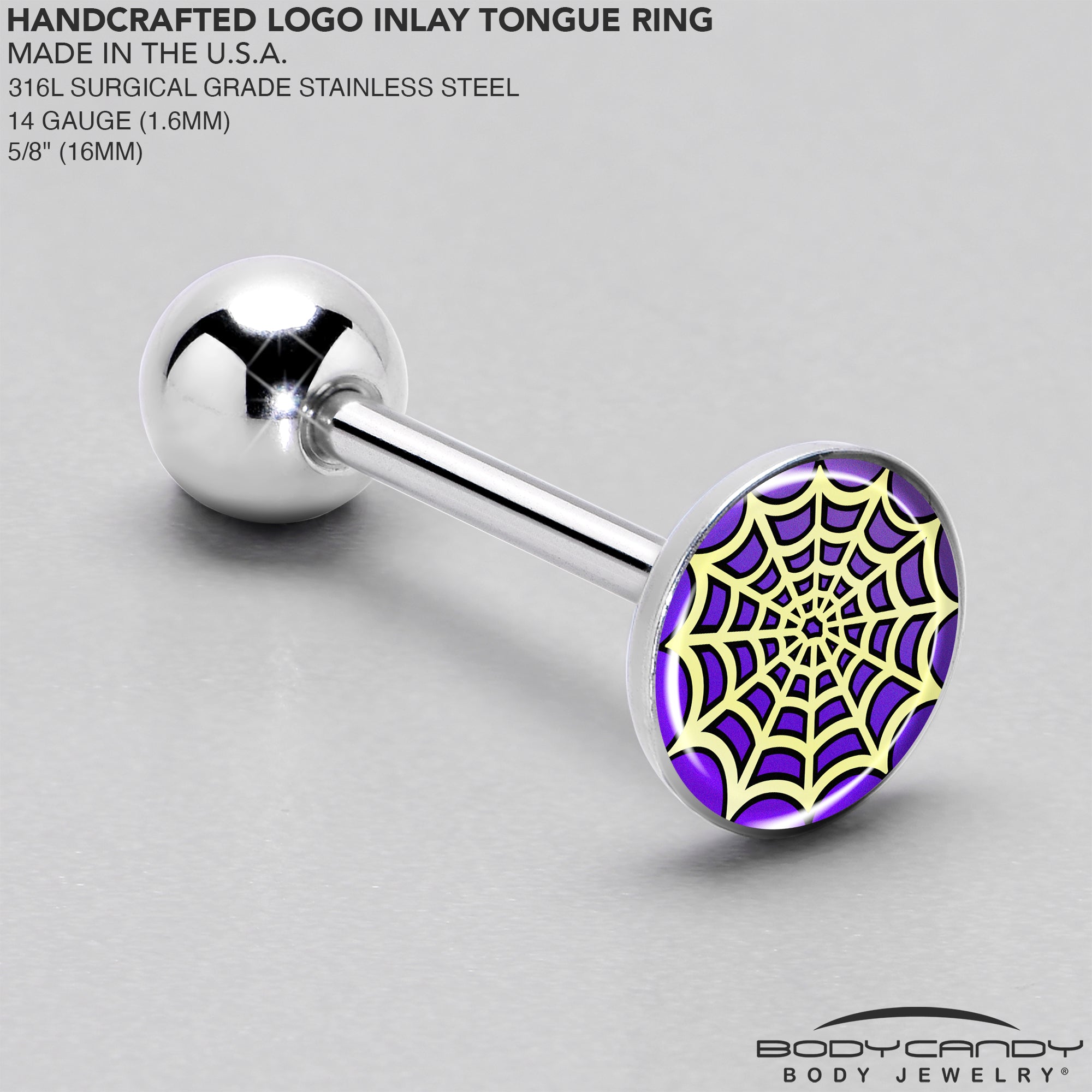 BodyCandy Two Tone Spider Web Barbell Tongue Ring by Onyx O — side view