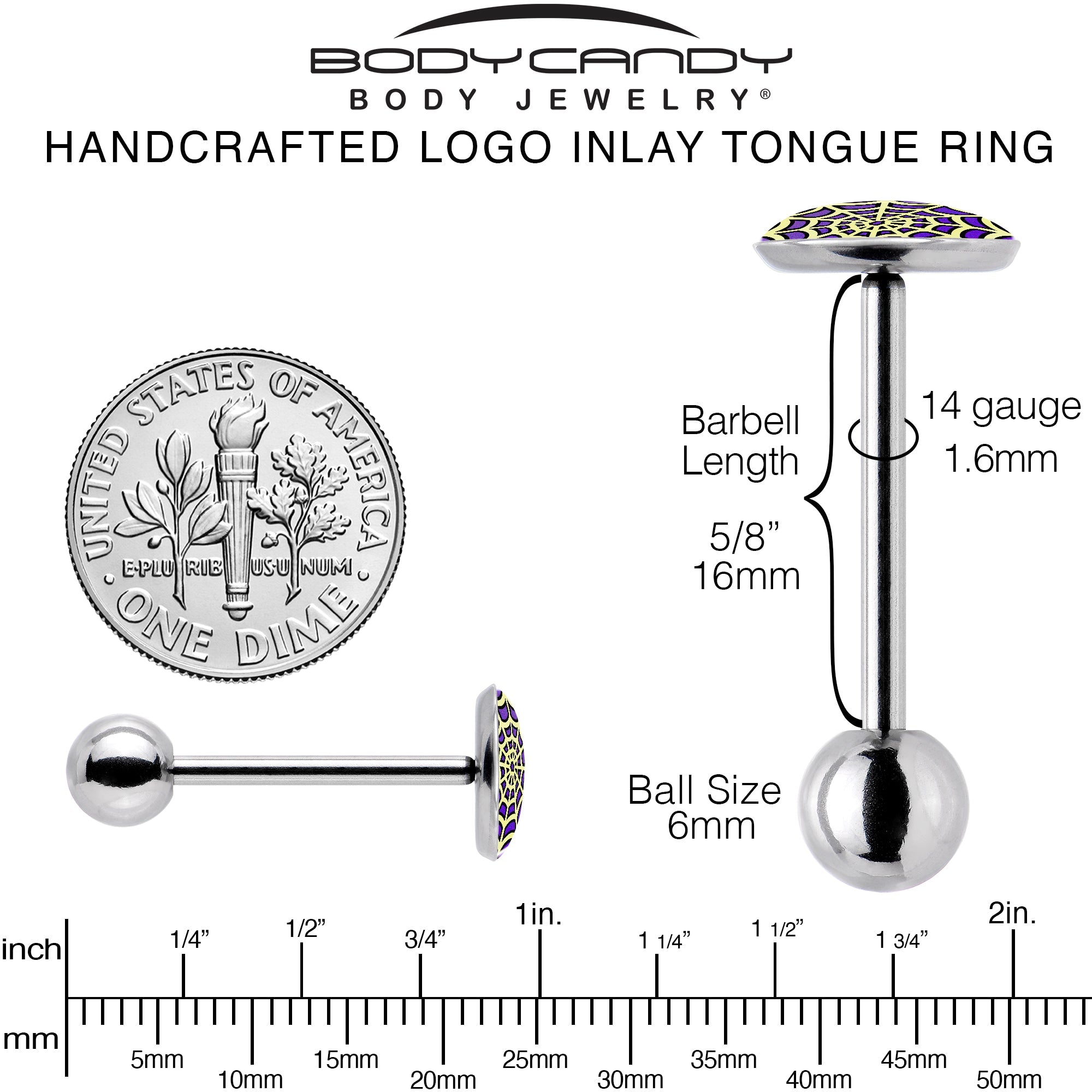 BodyCandy Two Tone Spider Web Barbell Tongue Ring by Onyx O — back view