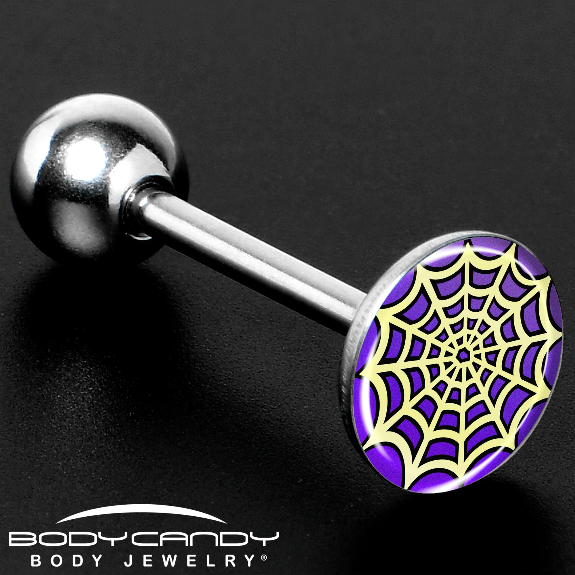 BodyCandy Two Tone Spider Web Barbell Tongue Ring by Onyx O — size reference