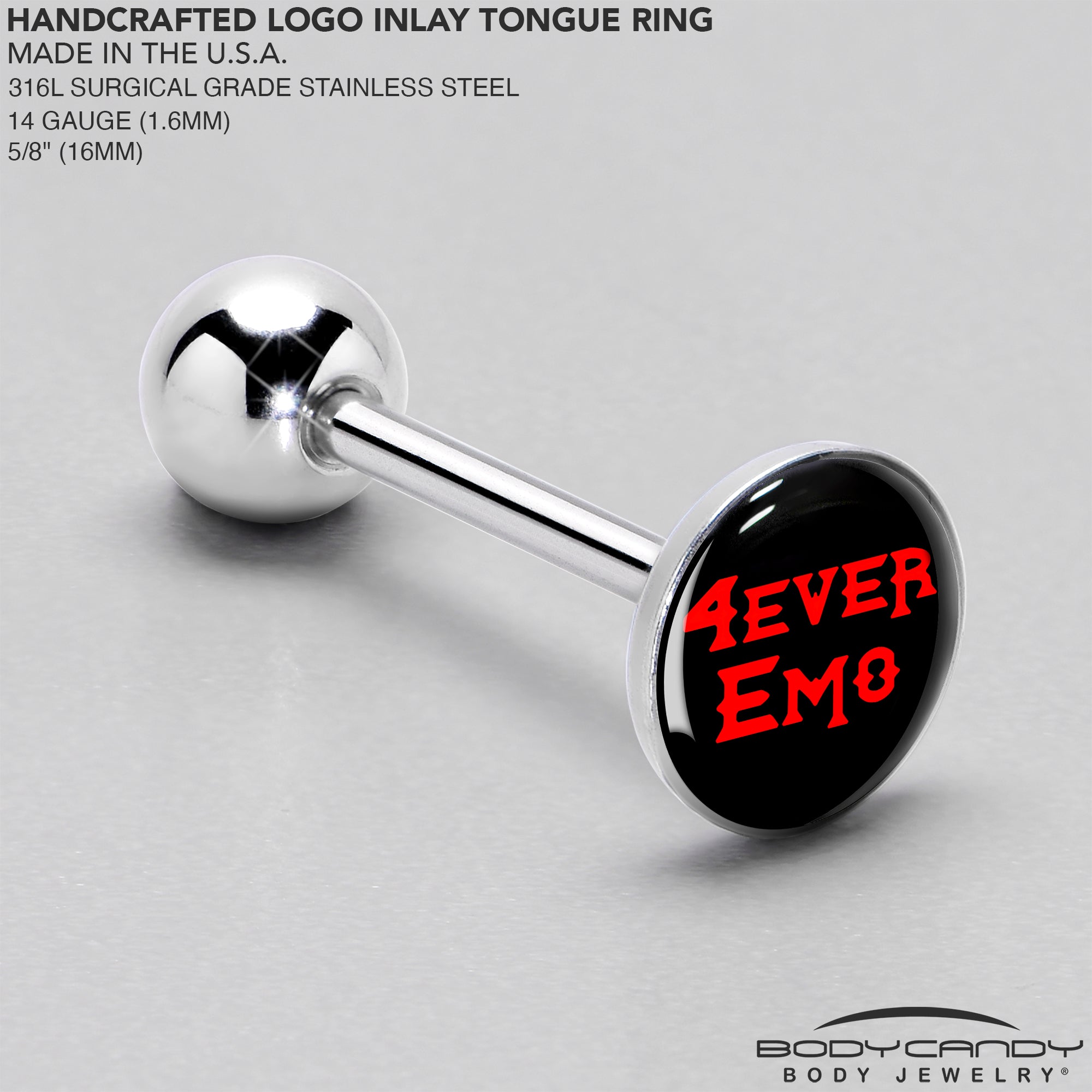 BodyCandy Black Red 4 Ever Emo Barbell Tongue Ring by Onyx O — side view