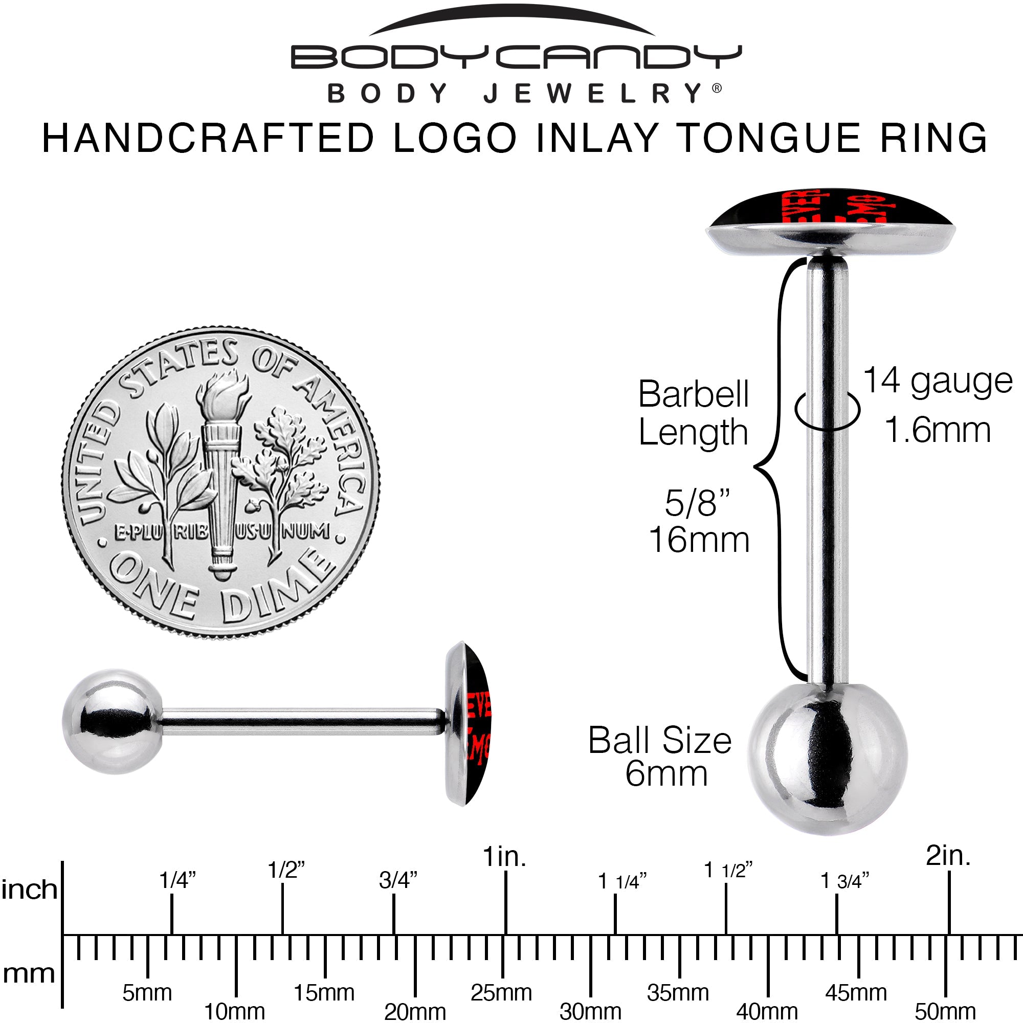 BodyCandy Black Red 4 Ever Emo Barbell Tongue Ring by Onyx O — back view