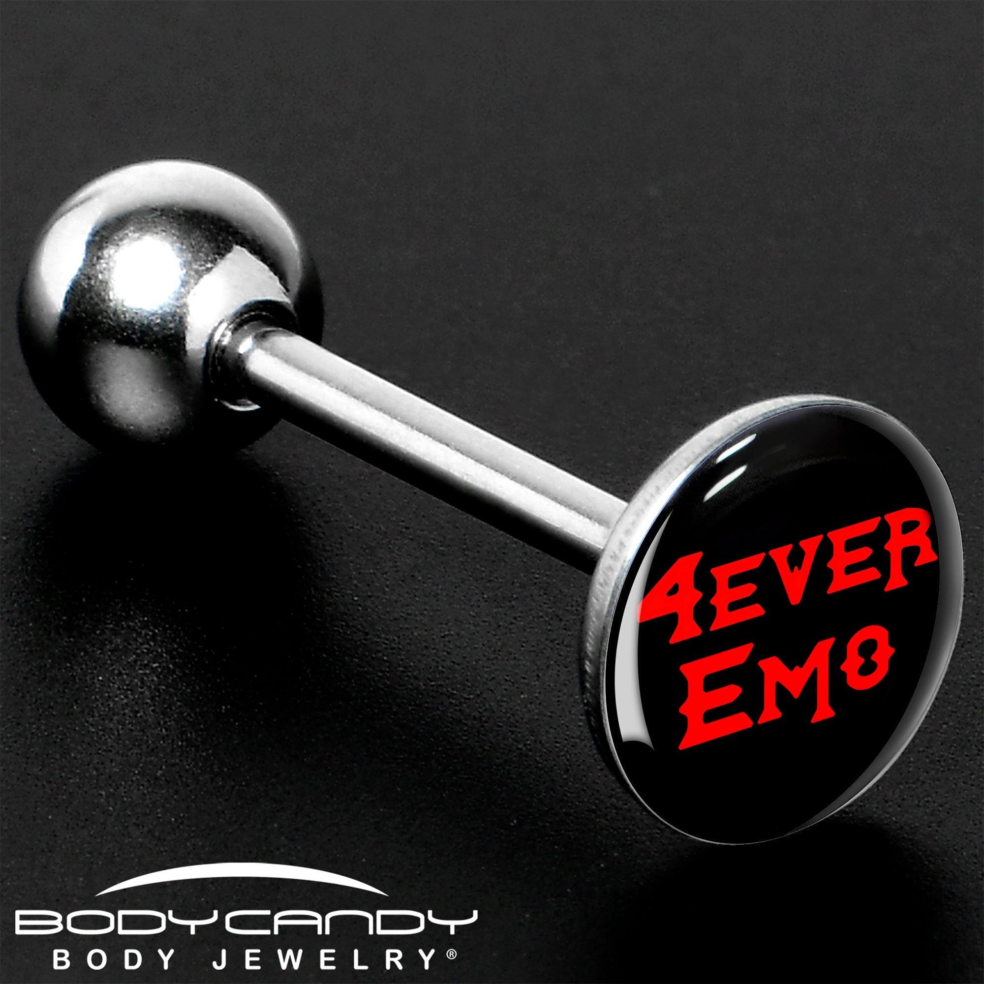 BodyCandy Black Red 4 Ever Emo Barbell Tongue Ring by Onyx O — size reference