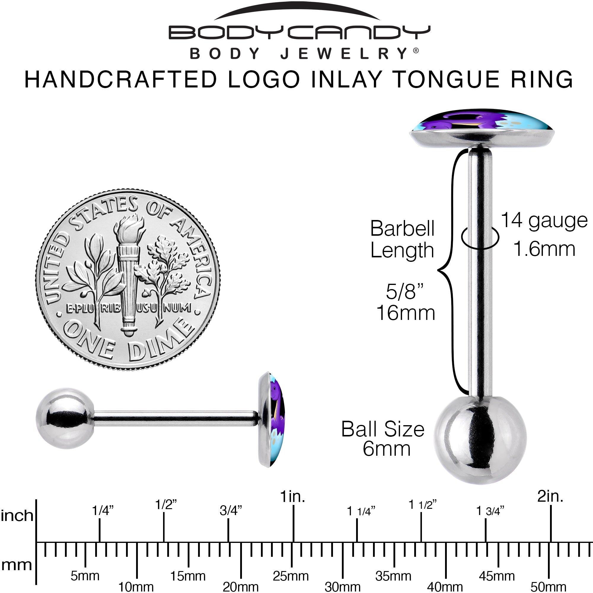 BodyCandy Baby Dinosaur Barbell Tongue Ring by Onyx O — back view