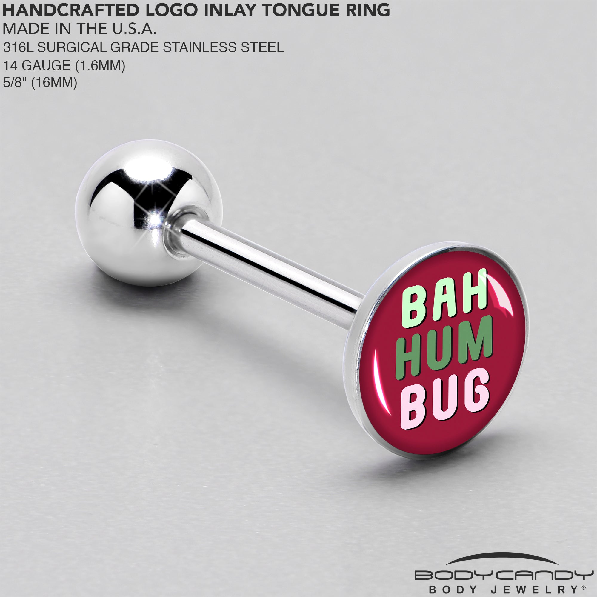 BodyCandy Bah Humbug Holiday Grouch Barbell Tongue Ring by Onyx O — side view