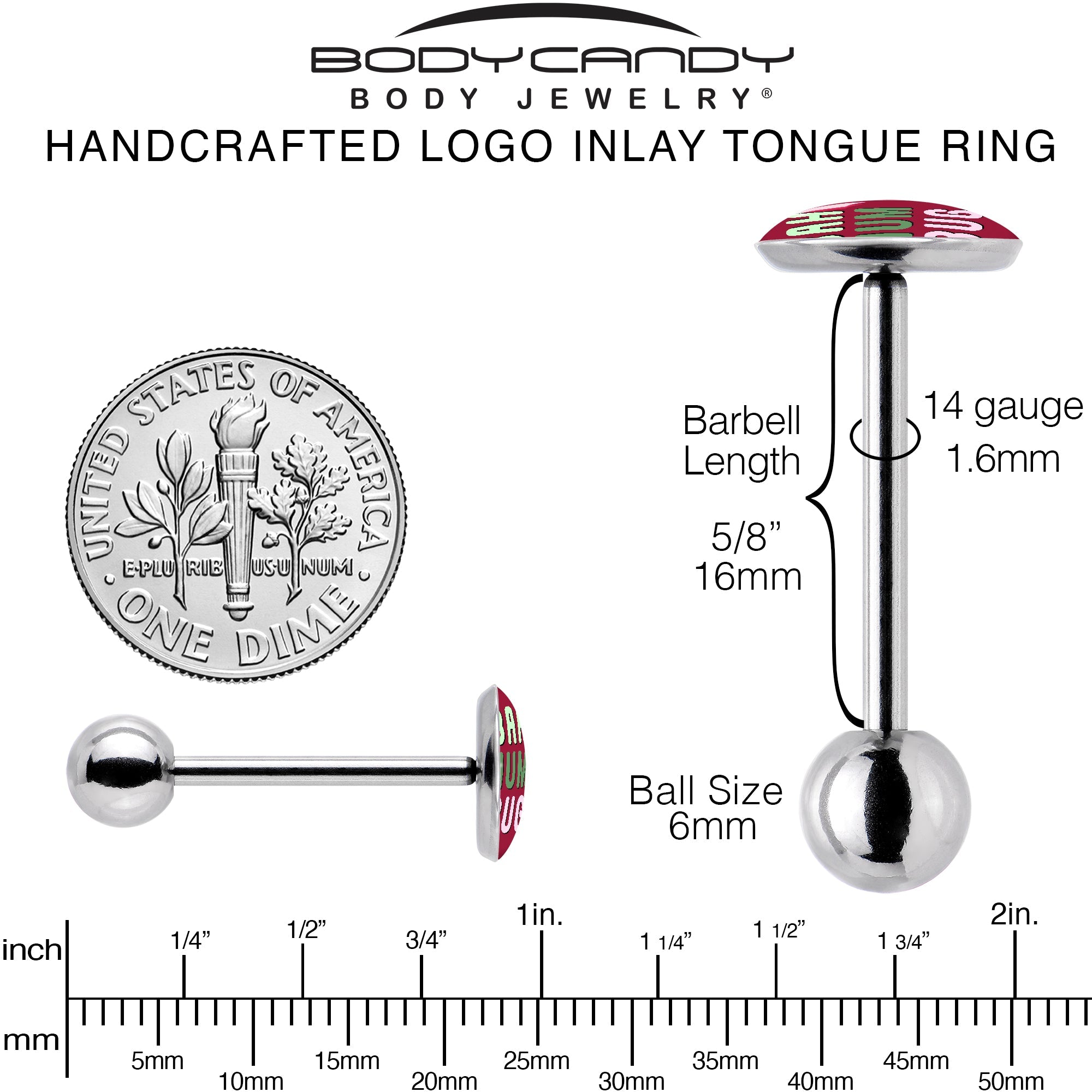 BodyCandy Bah Humbug Holiday Grouch Barbell Tongue Ring by Onyx O — back view