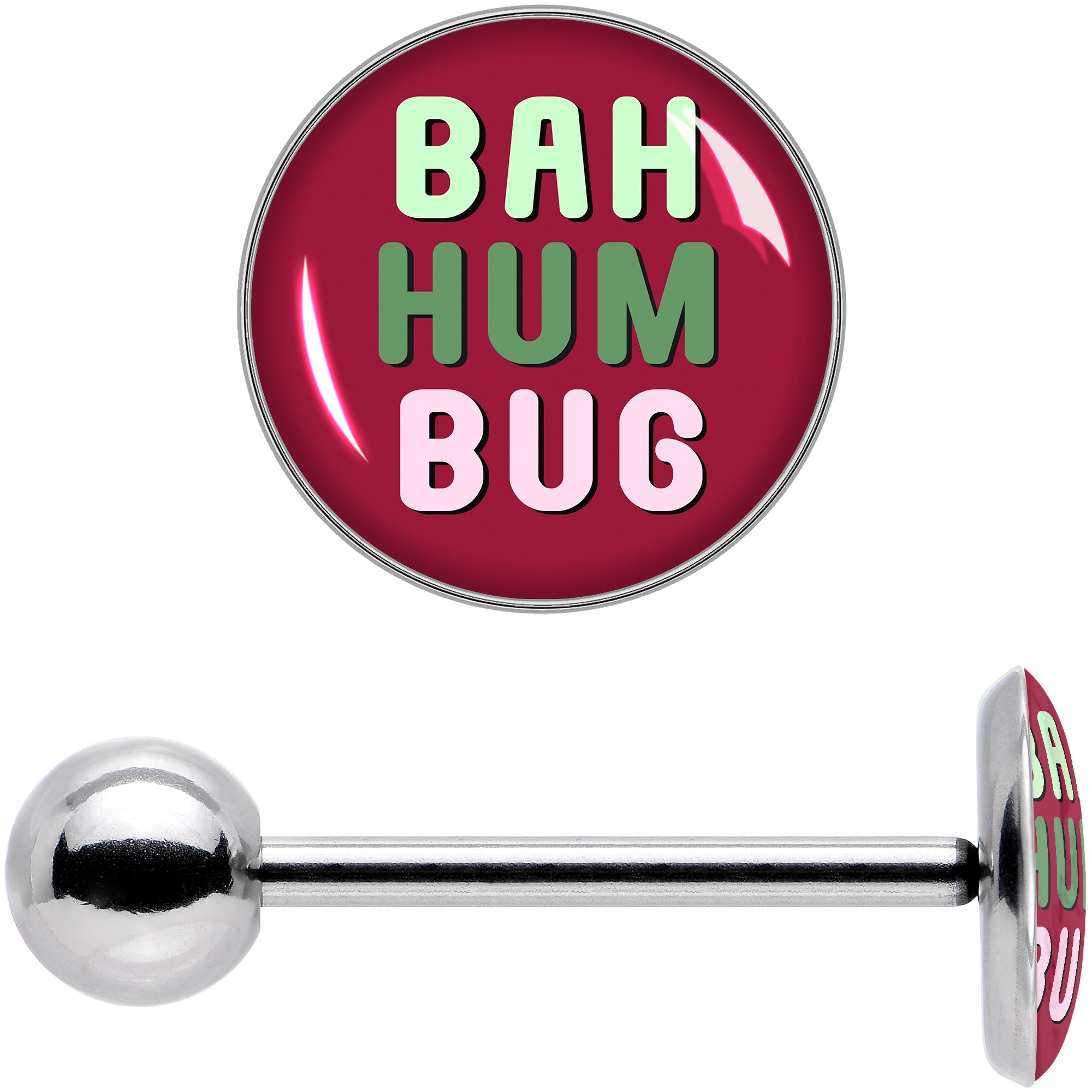 BodyCandy Bah Humbug Holiday Grouch Barbell Tongue Ring by Onyx O — in-use photo