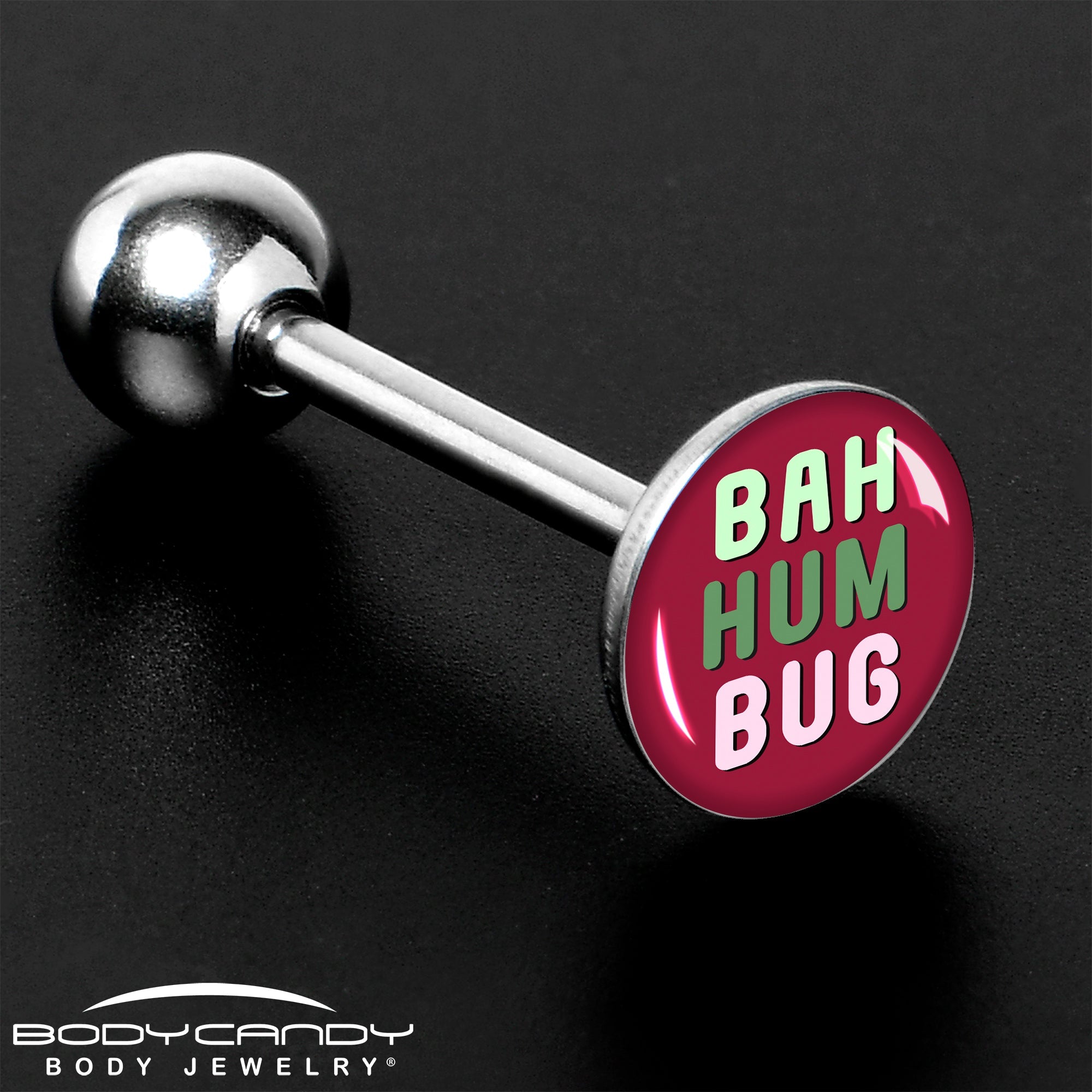 BodyCandy Bah Humbug Holiday Grouch Barbell Tongue Ring by Onyx O — size reference