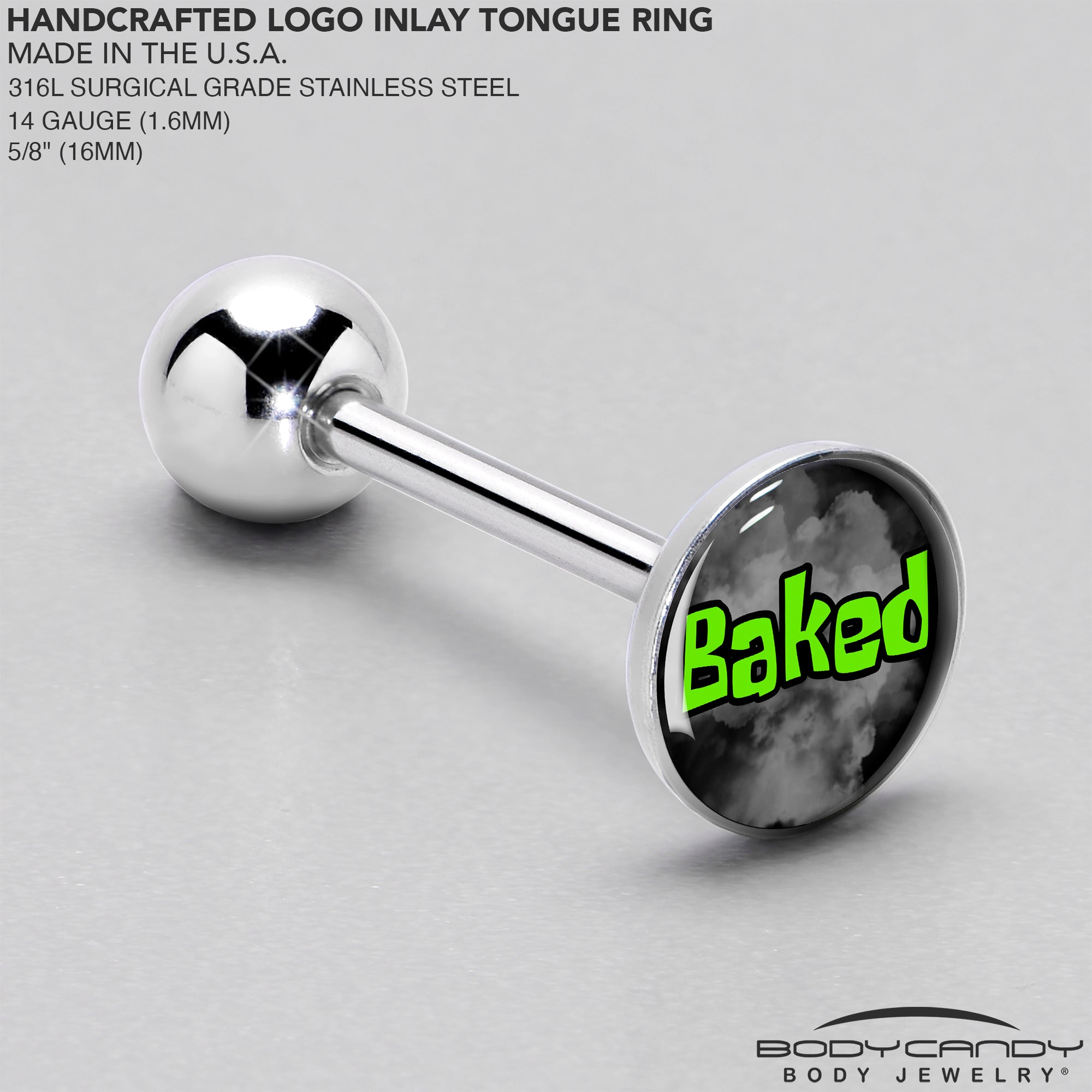 BodyCandy Logo Baked Stoner Barbell Tongue Ring by Onyx O — side view