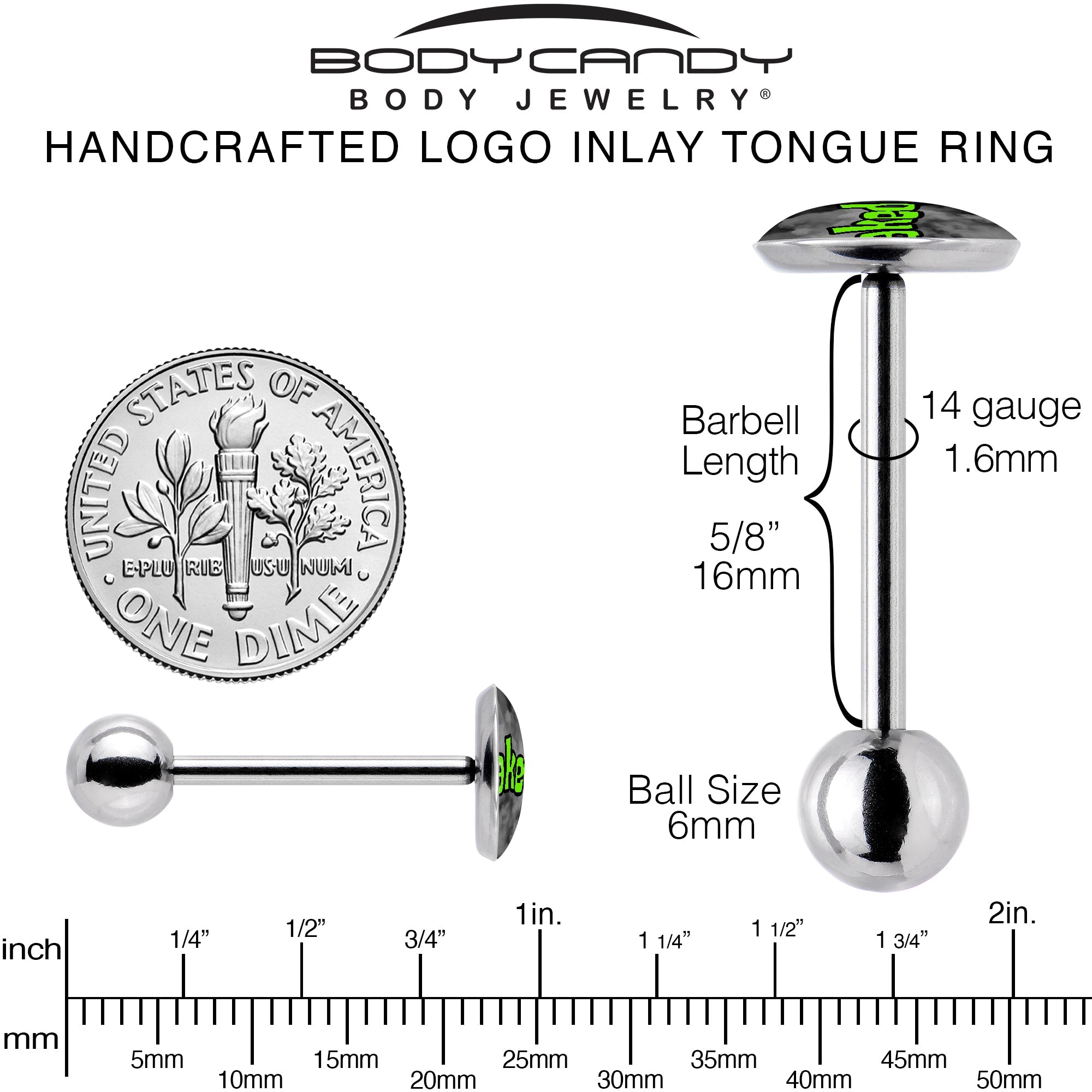 BodyCandy Logo Baked Stoner Barbell Tongue Ring by Onyx O — back view