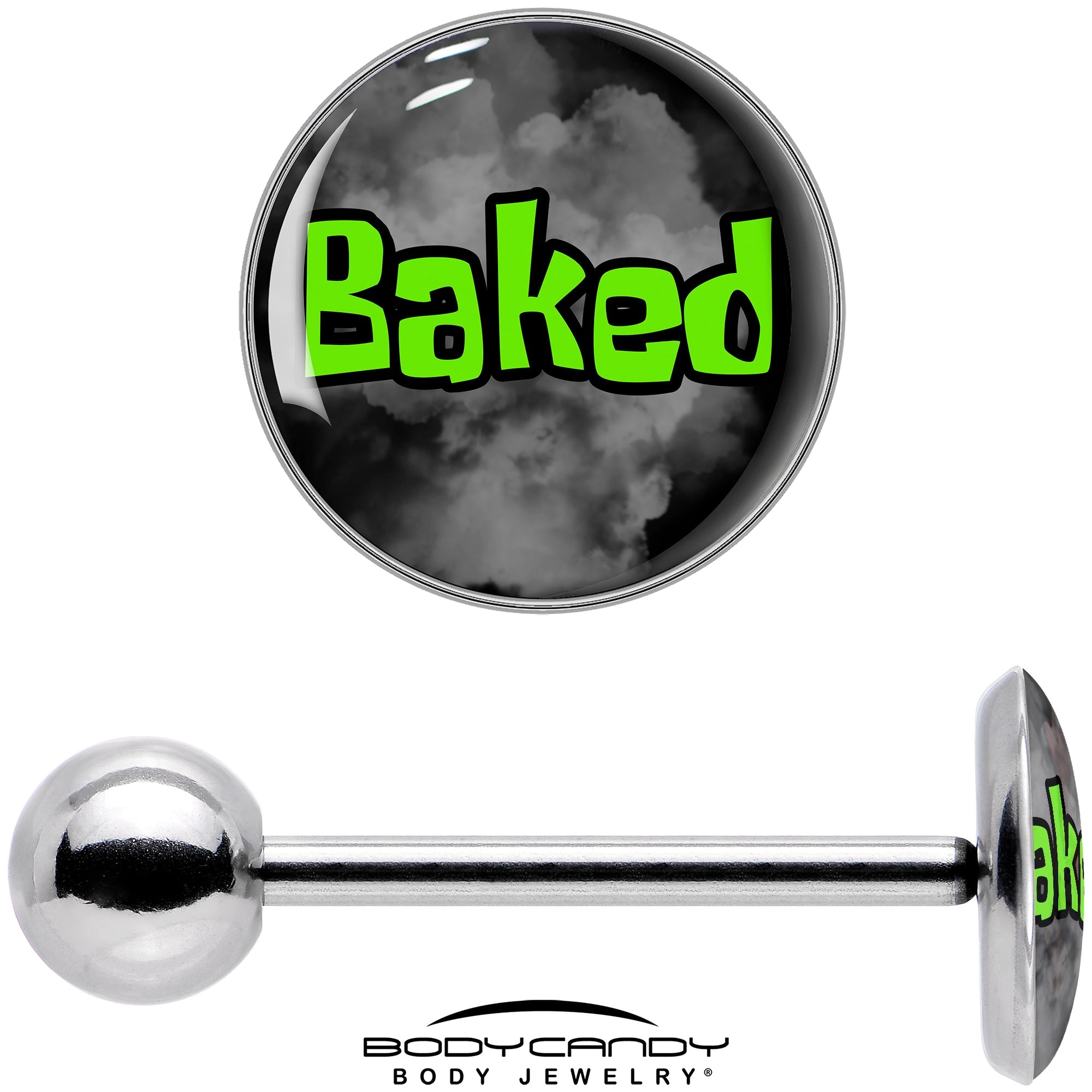 BodyCandy Logo Baked Stoner Barbell Tongue Ring by Onyx O — in-use photo