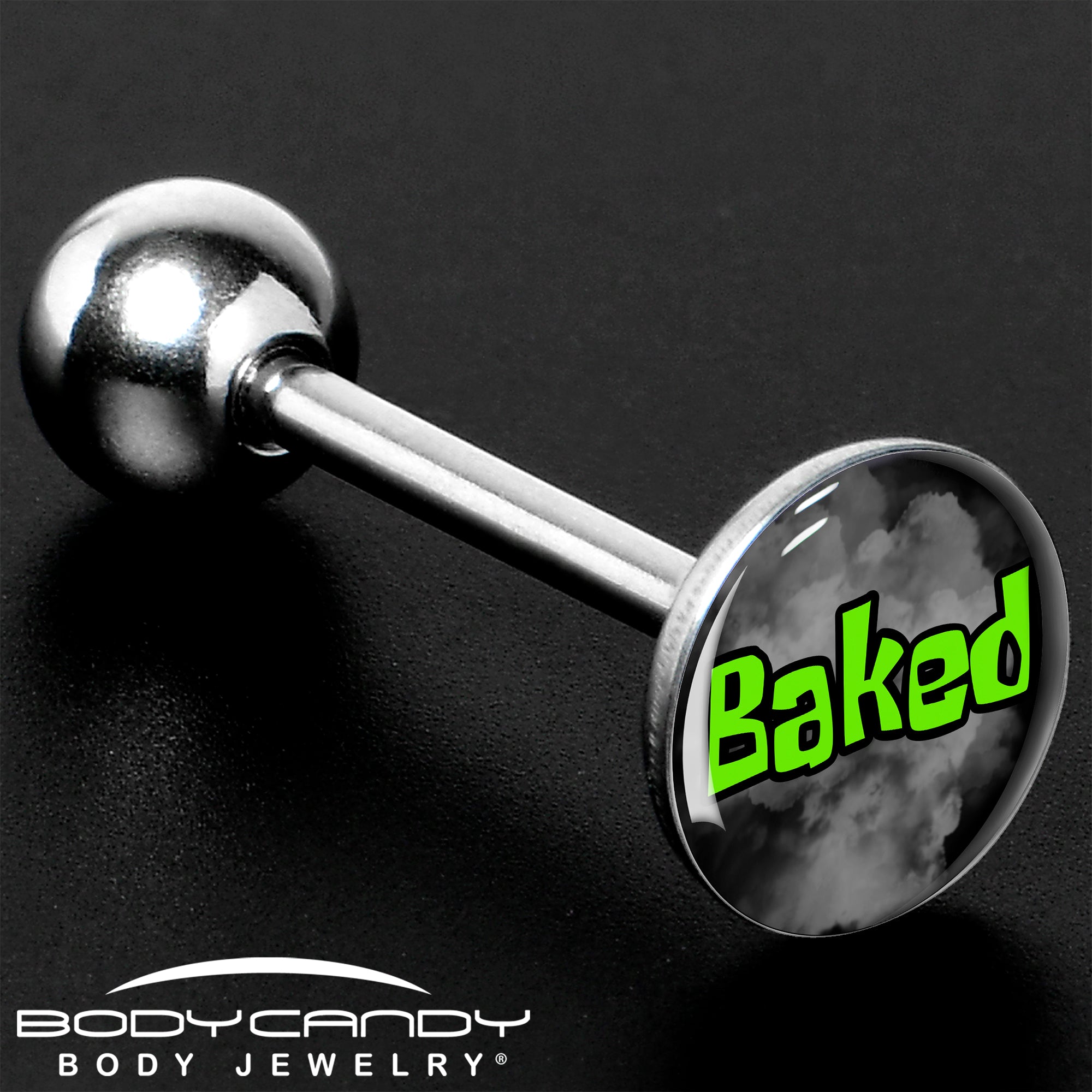 BodyCandy Logo Baked Stoner Barbell Tongue Ring by Onyx O — size reference