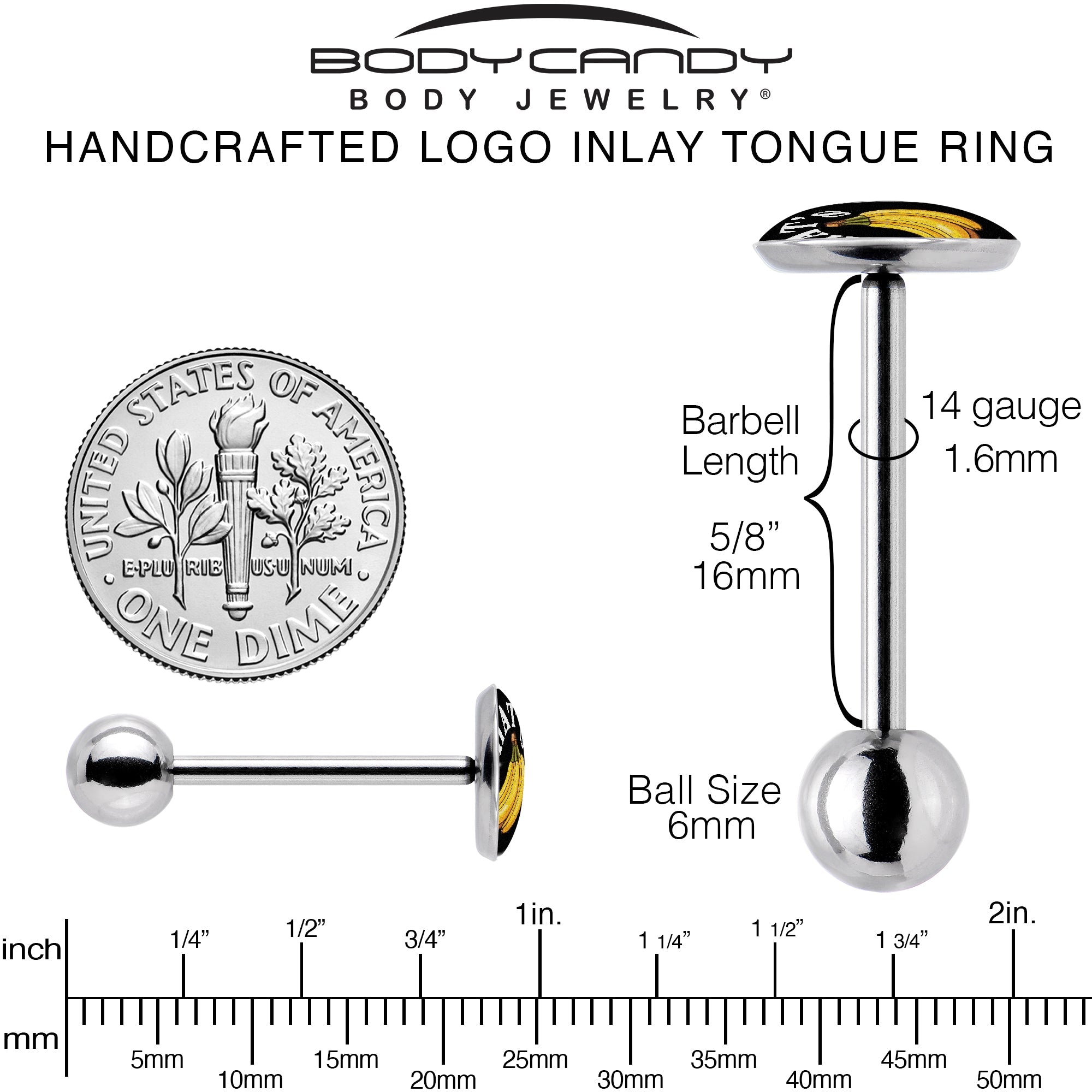 BodyCandy That is Bananas Barbell Tongue Ring by Onyx O — back view