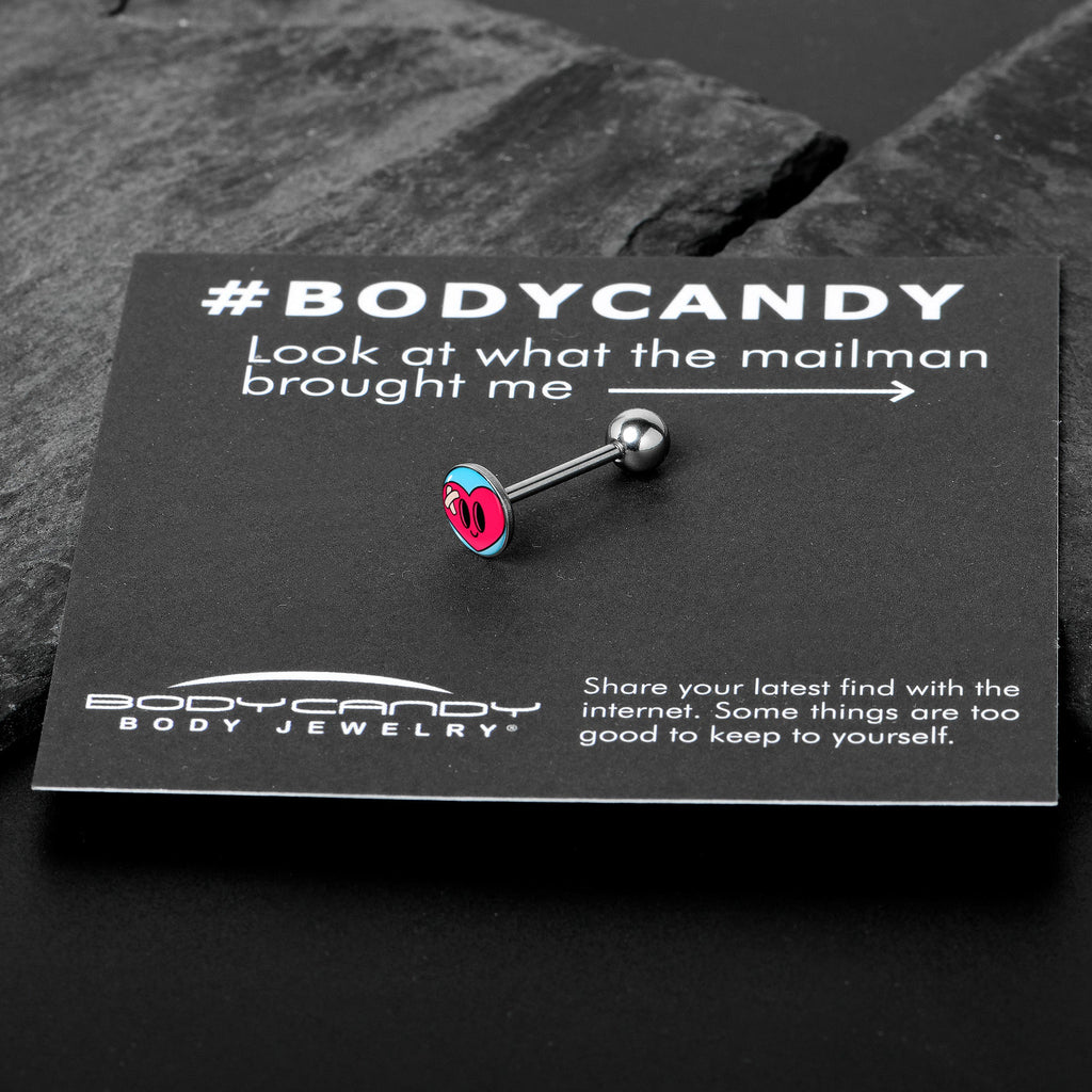 BodyCandy Heartbreak Bandaged Heart Barbell Tongue Ring by Onyx O — in-use photo