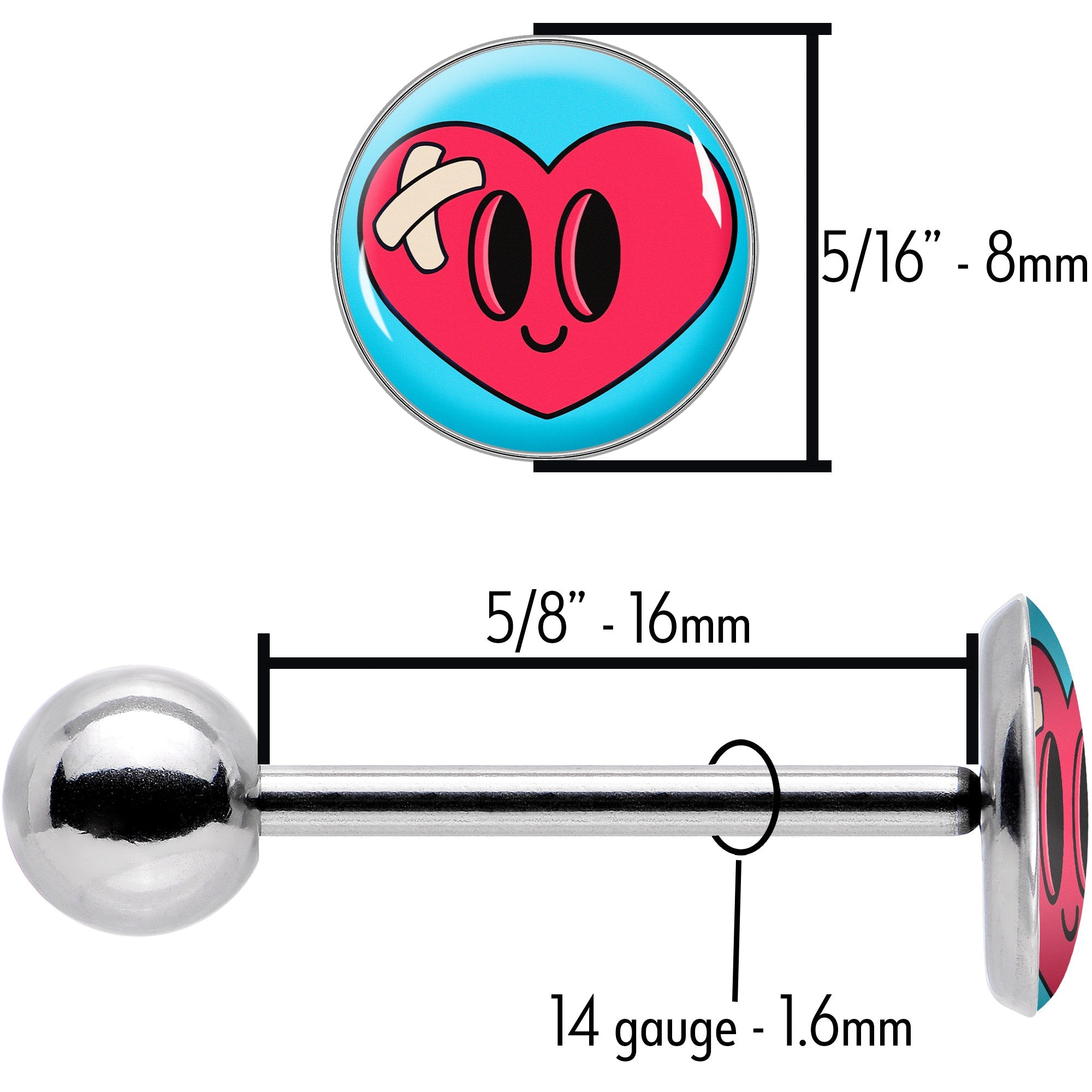 BodyCandy Heartbreak Bandaged Heart Barbell Tongue Ring by Onyx O — size reference