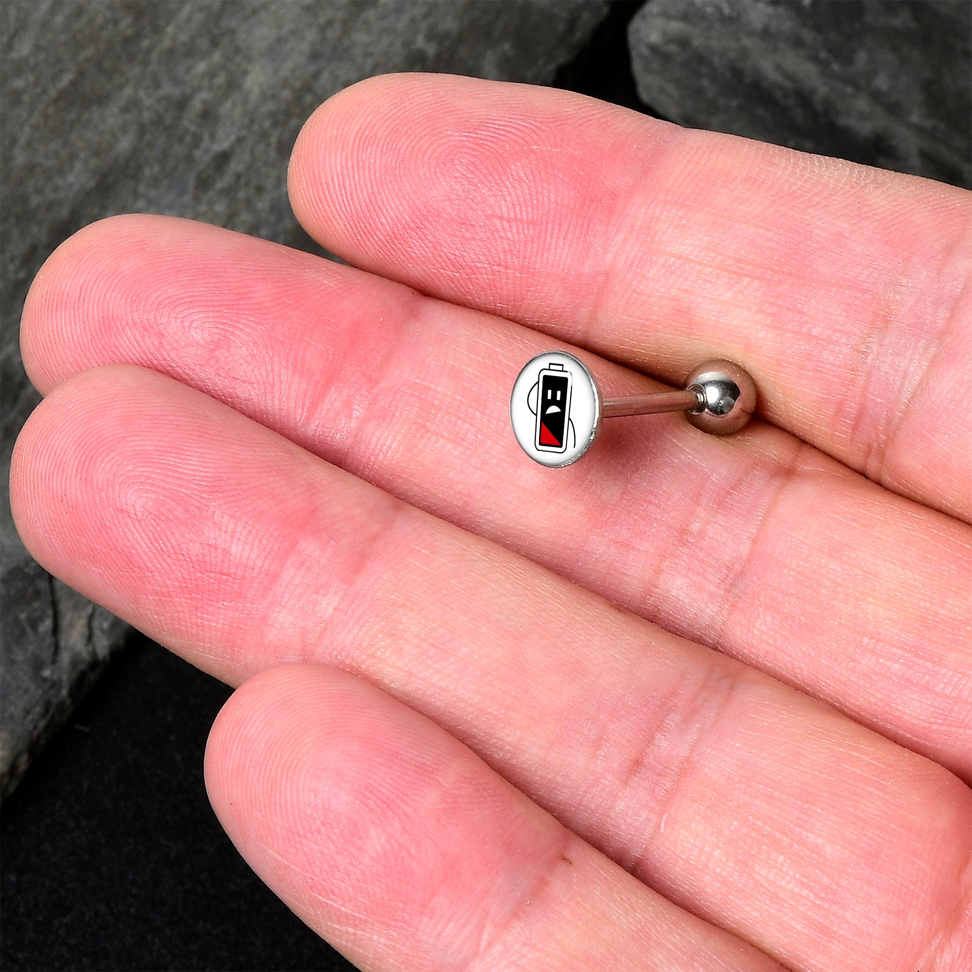 BodyCandy Battery Empty Barbell Tongue Ring by Onyx O — detail close-up