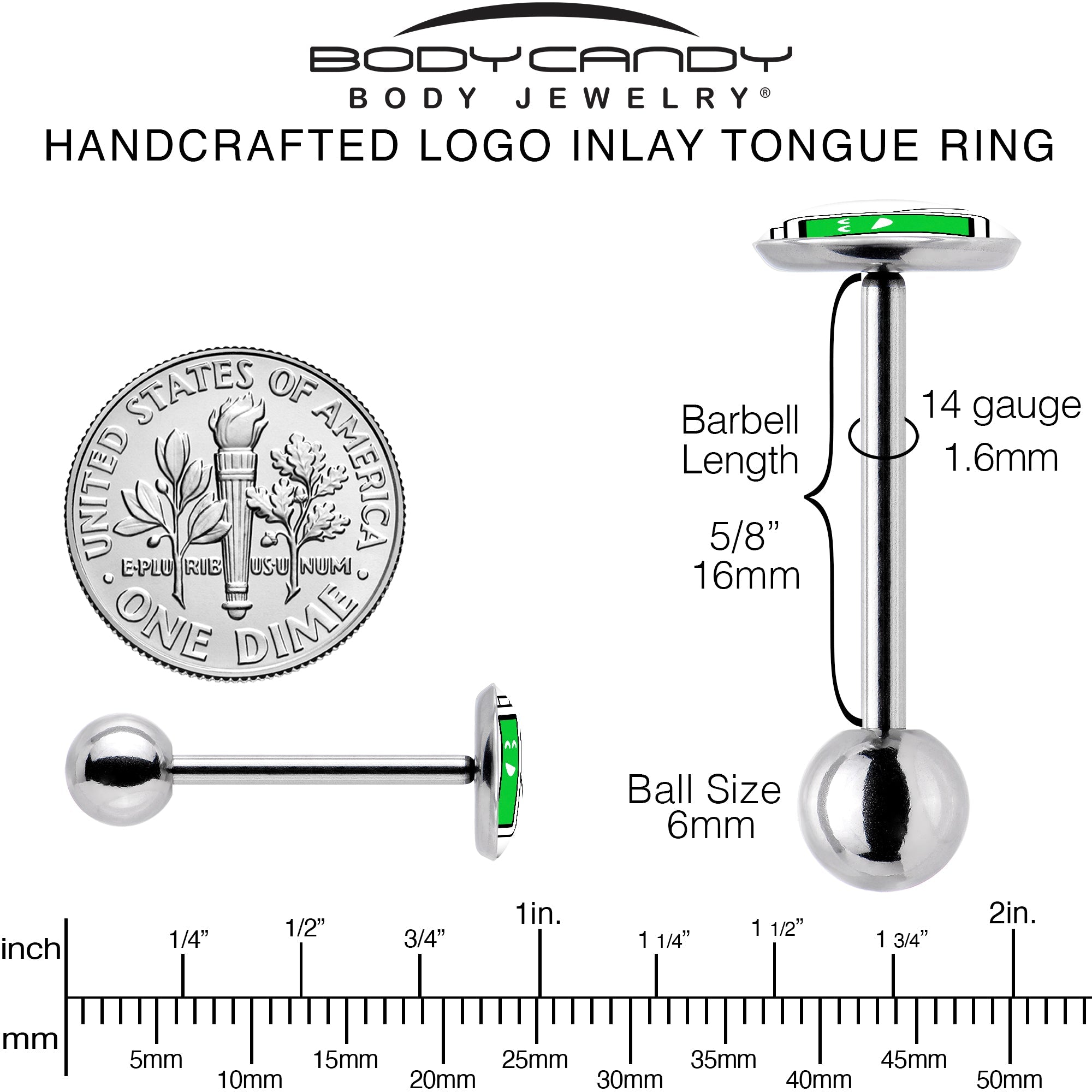 BodyCandy Battery Full Barbell Tongue Ring by Onyx O — back view