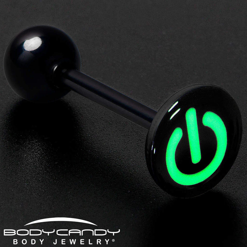 BodyCandy Power Button Glow in the Dark Black Anodized Barbell Tongue Ring — detail close-up