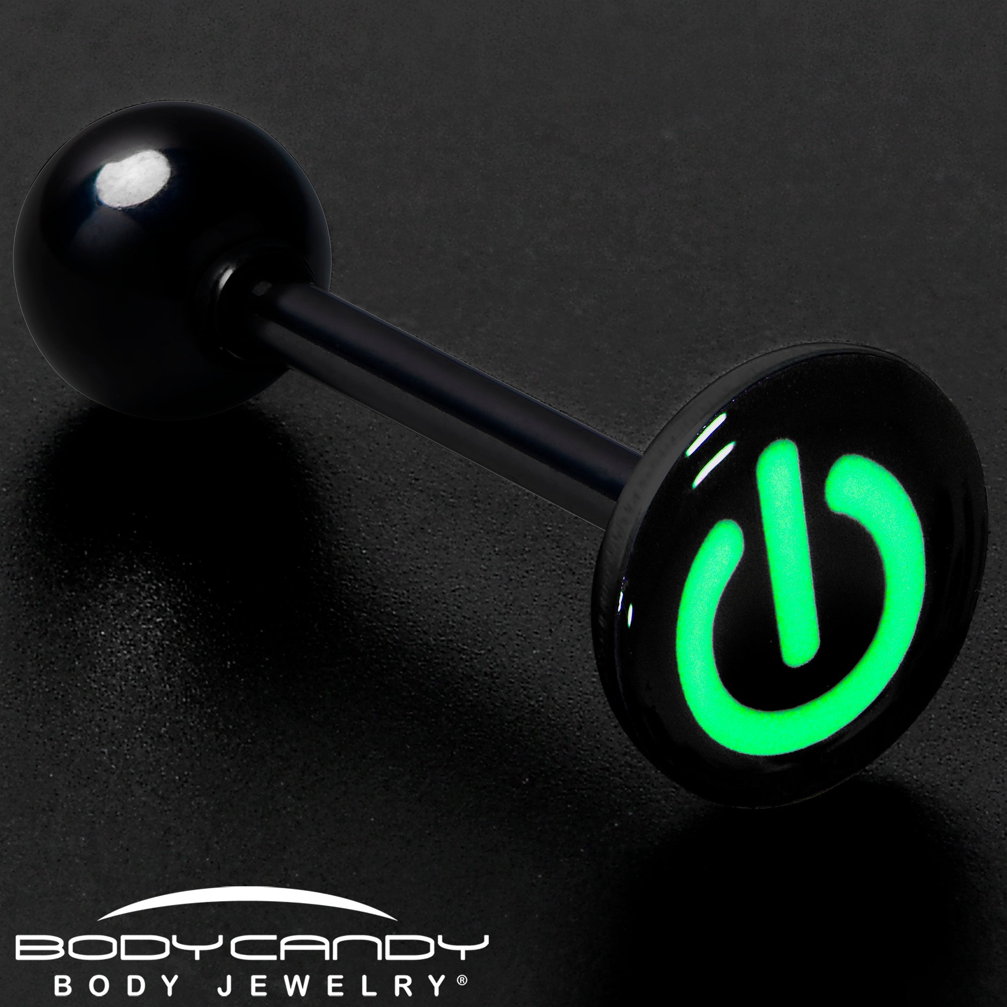BodyCandy Power Button Glow in the Dark Black Anodized Barbell Tongue Ring — detail close-up
