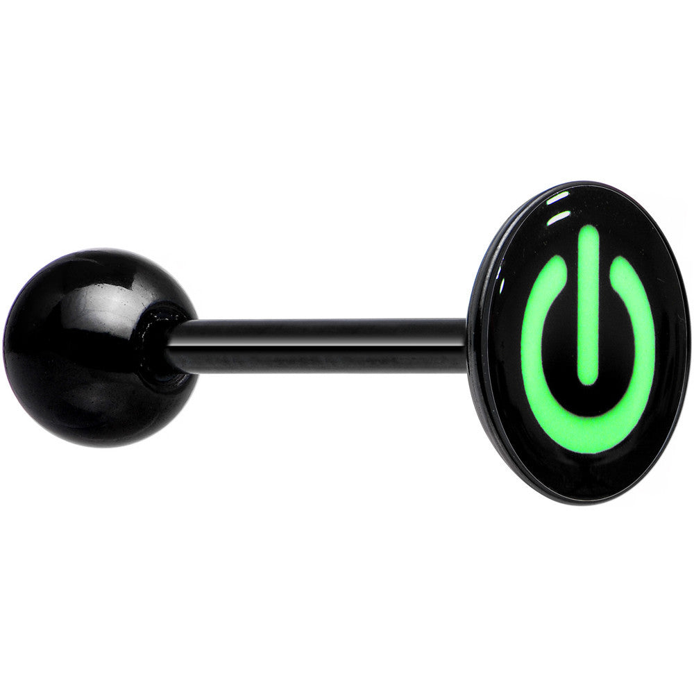 BodyCandy Power Button Glow in the Dark Black Anodized Barbell Tongue Ring — lifestyle context