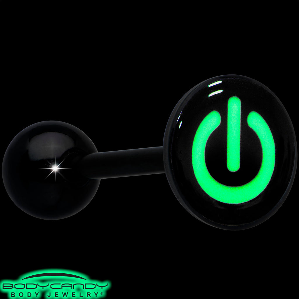 BodyCandy Power Button Glow in the Dark Black Anodized Barbell Tongue Ring — product on model