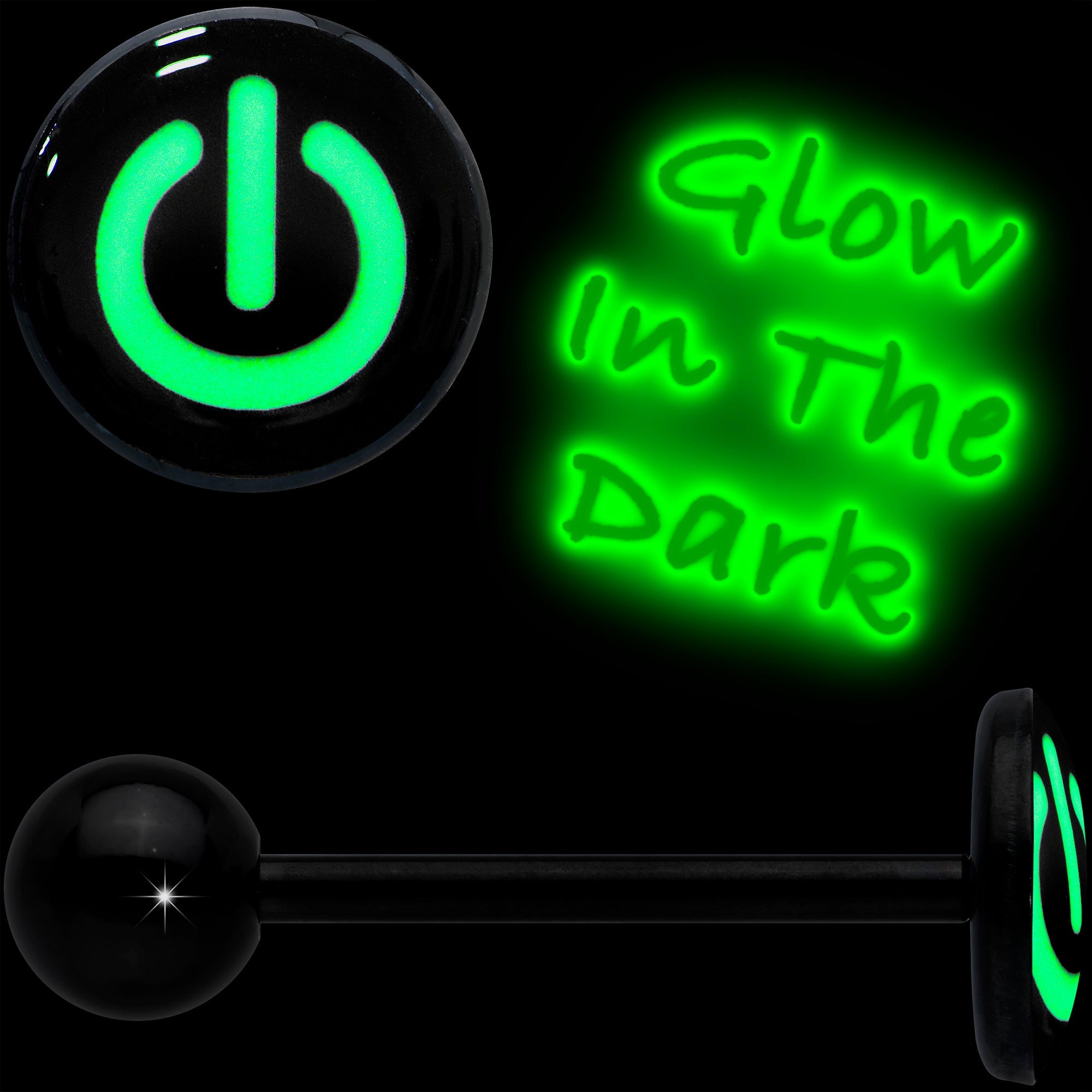 BodyCandy Power Button Glow in the Dark Black Anodized Barbell Tongue Ring — alternative angle