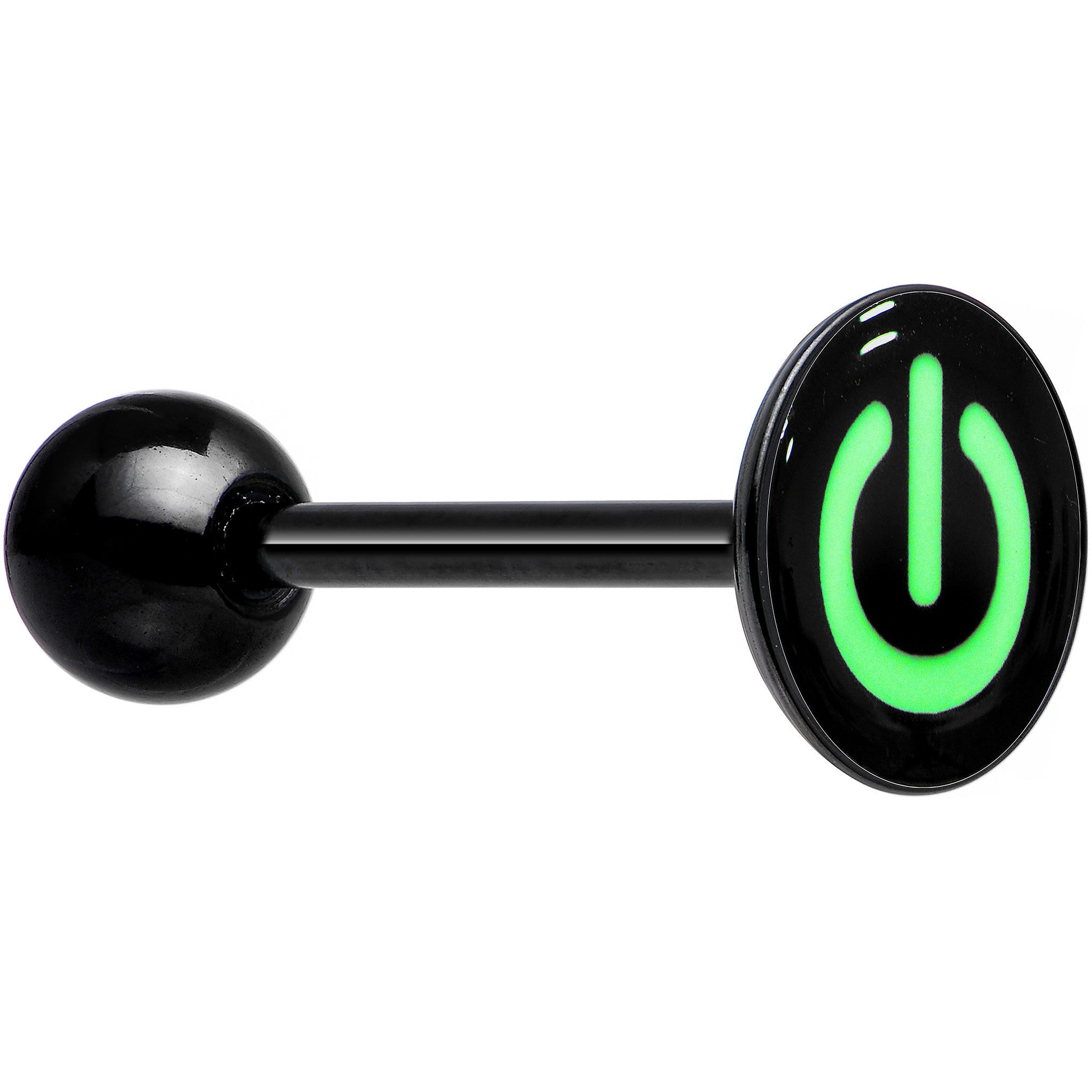 BodyCandy Power Button Glow in the Dark Black Anodized Barbell Tongue Ring — back view