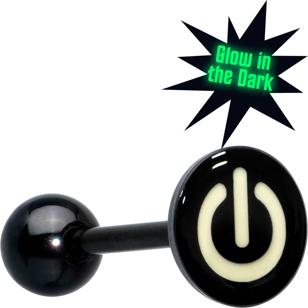BodyCandy Power Button Glow in the Dark Black Anodized Barbell Tongue Ring — main product shot