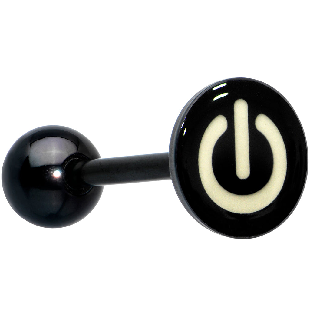 BodyCandy Power Button Glow in the Dark Black Anodized Barbell Tongue Ring — feature highlight